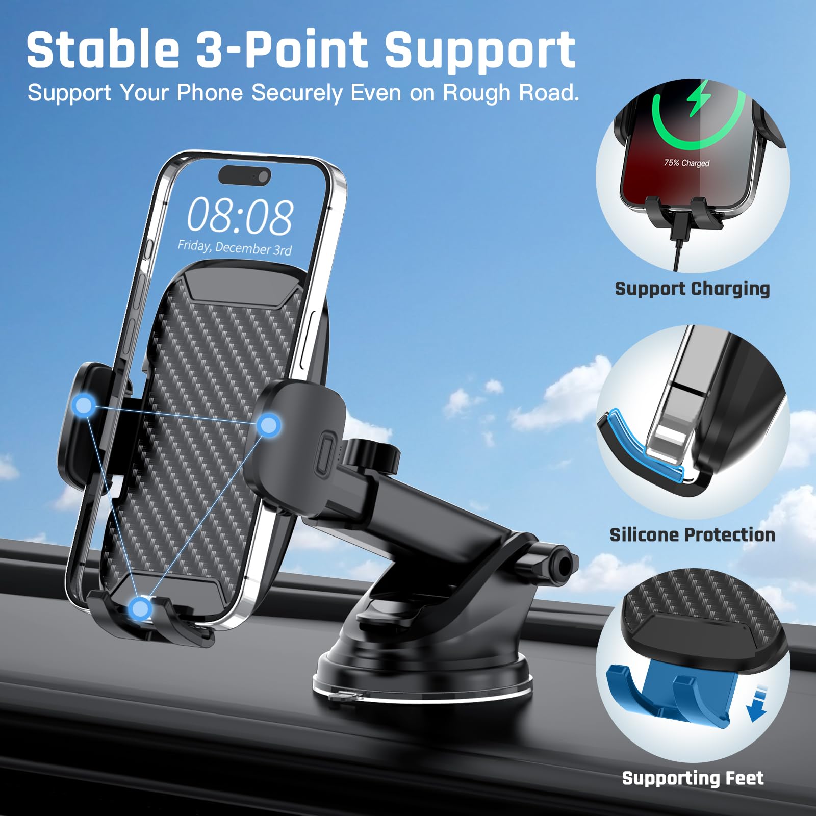 Vexloria Support Téléphone Voiture, [Ventouse Ultra Puissante & Clip Stable] Porte Telephone Voiture 3 en 1 Accroche Telephone Voiture Pose GPS Voiture Universel Portable pour Tous Les Smartphones