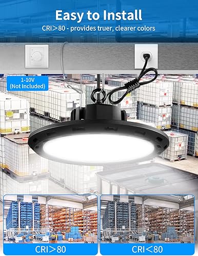 Miniatura 4 de UFO - Luz LED de alta bahía de 150 W, 1-10 V regulables, luces LED de alta bahía de 21000 lúmenes, 5000 K, con enchufe de EE. UU., cable de 5 pies,