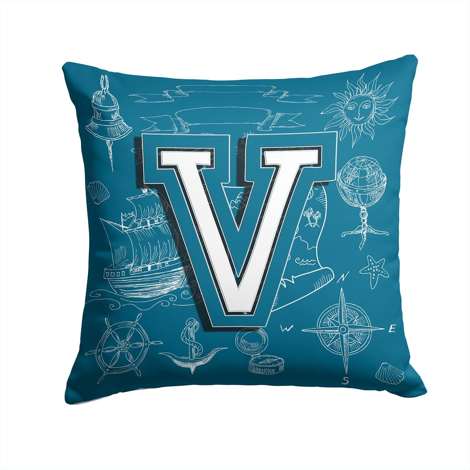 Caroline's Treasures CJ2014-VPW1414 Letter V Sea Doodles Initial Alphabet Fabric Decorative Pillow 100% Machine Washable Pillow, Indoor or Outdoor Decorative Throw Pillow for Couch, Bed or Patio