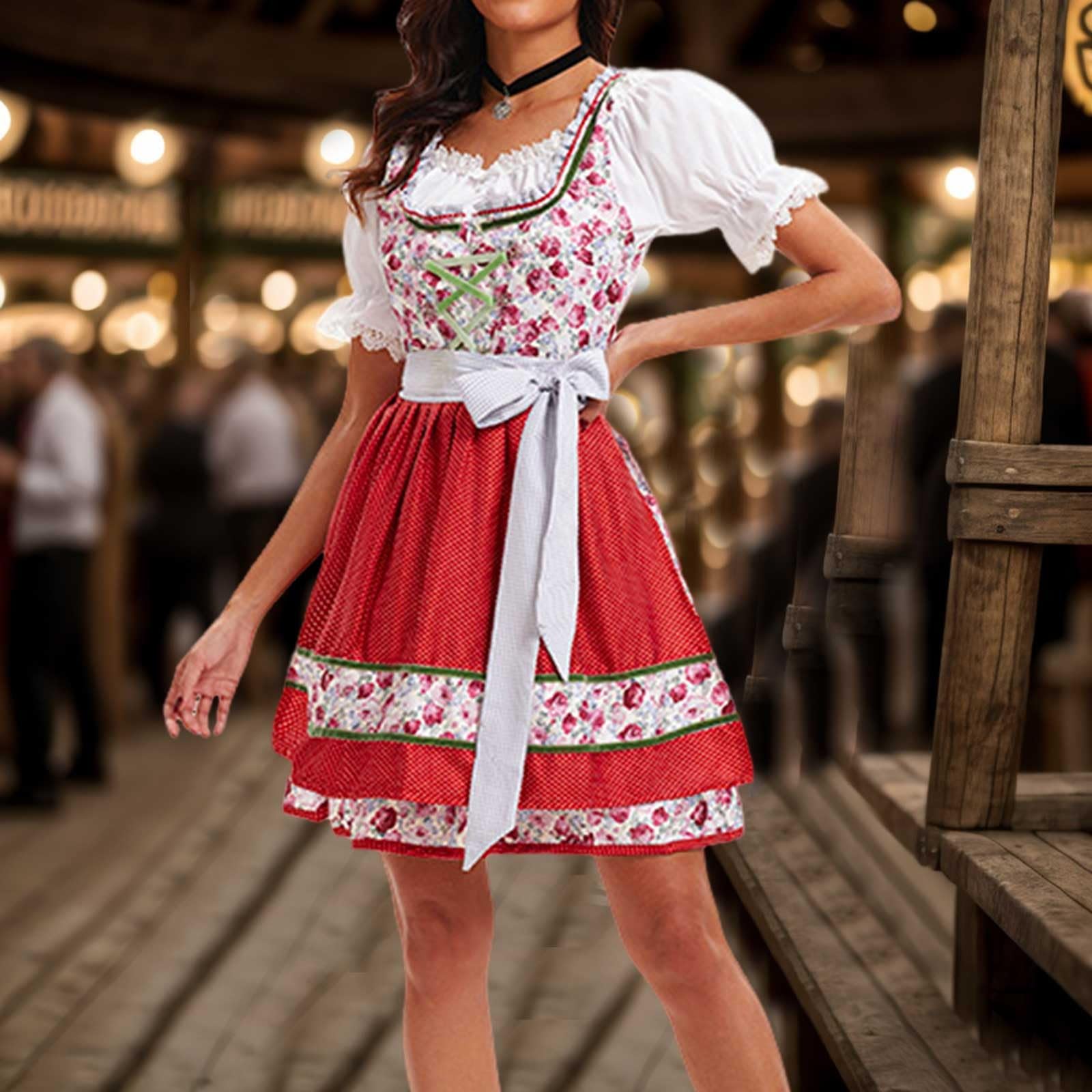 Dirndl Damen Midi Oktoberfest - Mit Schürze Und Bluse Trachtenkleid