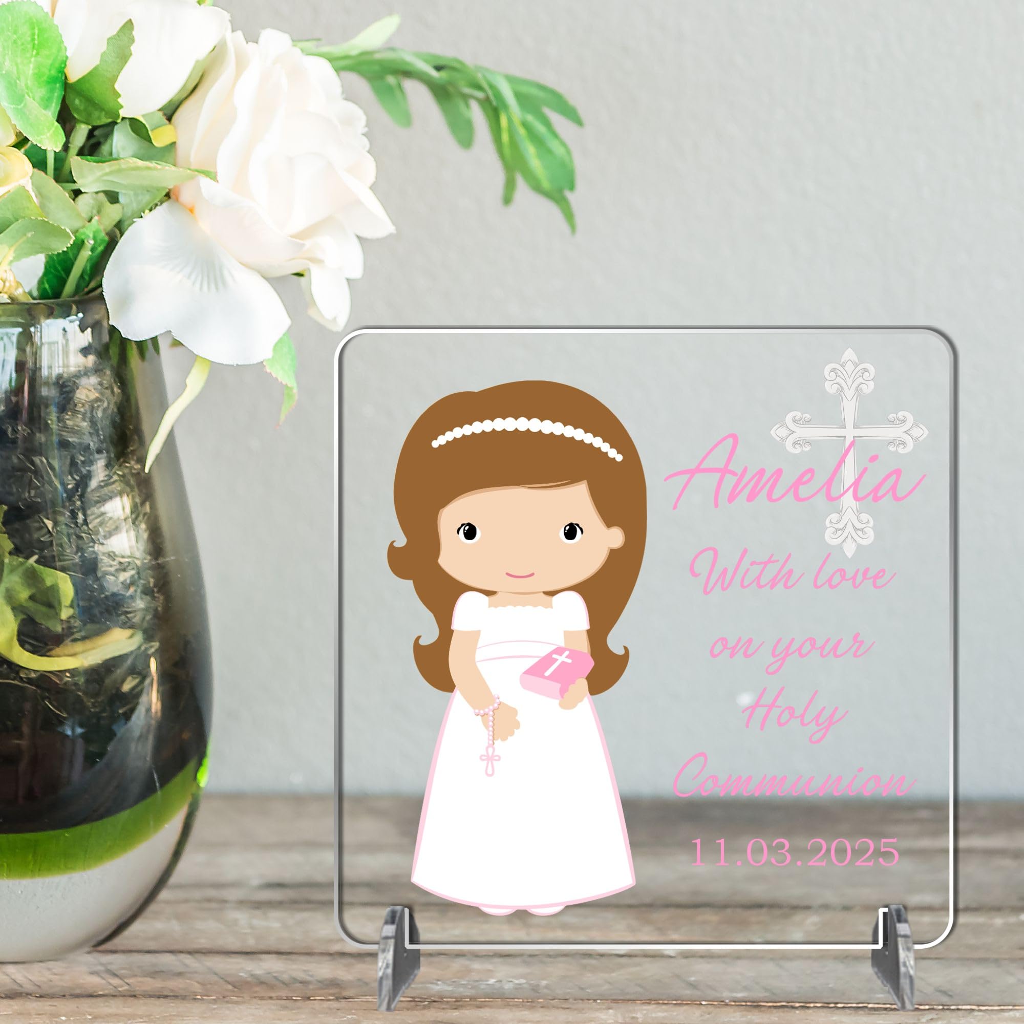 Personalised Christening & Confirmation Plaque - Custom Baptism Gift for Baby Girl - First Holy Communion Keepsake (Light Brown Hair - Acrylic, Communion)