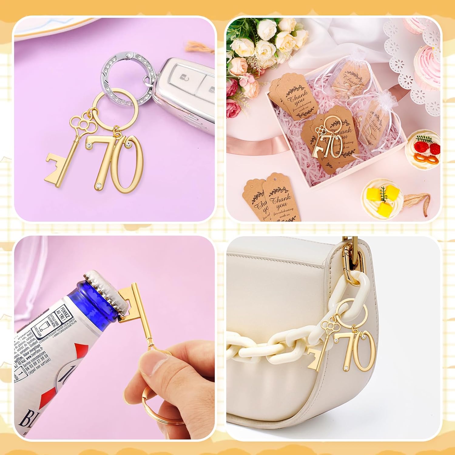 24Pcs 70th Key Bottle Openers Keychain Bulk 70th Birthday Party Favors, 70th Gold Beer Key Chain Ring Bottle Opener 70 Wedding Anniversary Return Gifts Party Decorations or Souvenirs for Guests