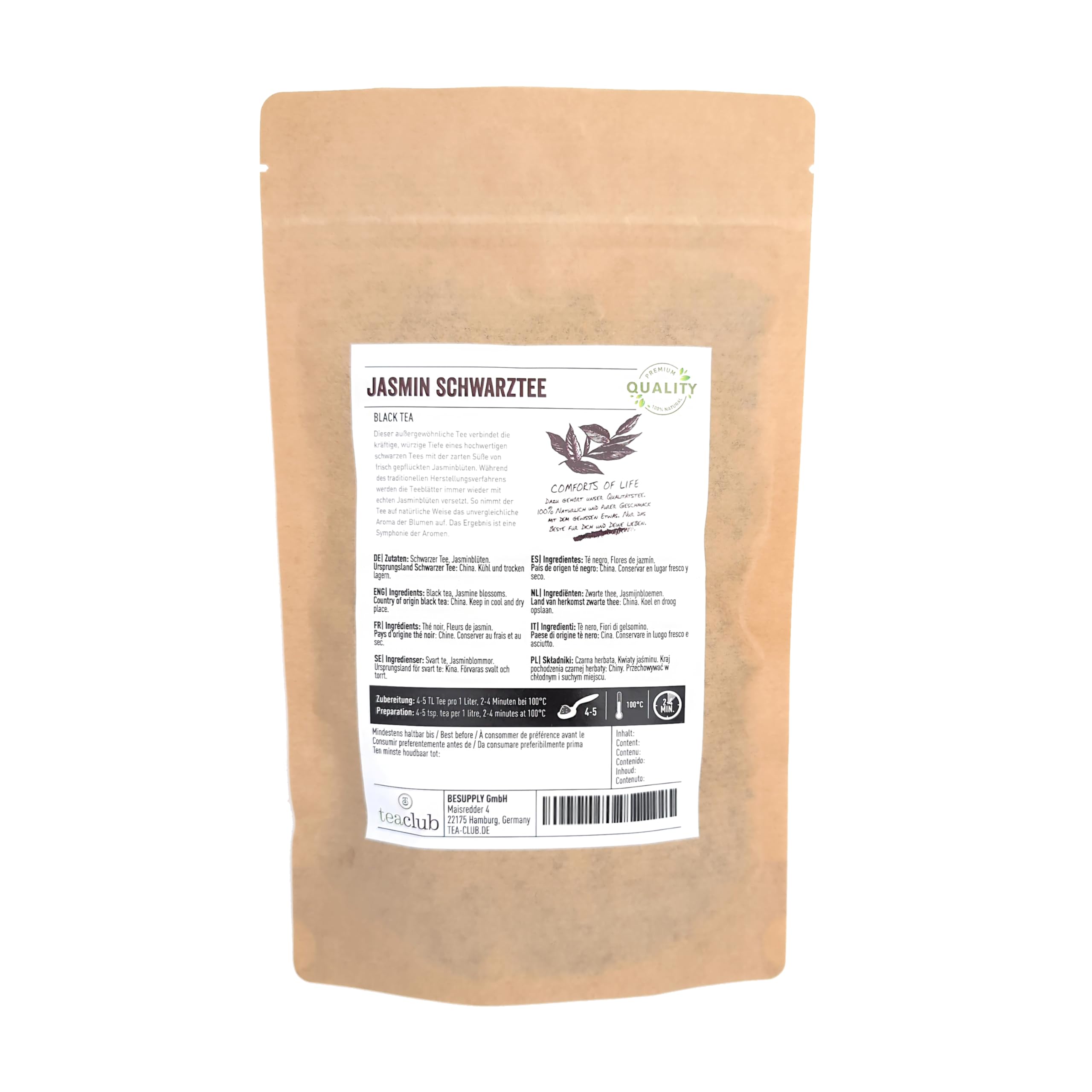 TeaClub Tè Nero al Gelsomino Sfuso 500g – con Fiori Veri | Tè nero aromatico-floreale, aromatizzato naturalmente con fiori di gelsomino veri, premium per intenditori