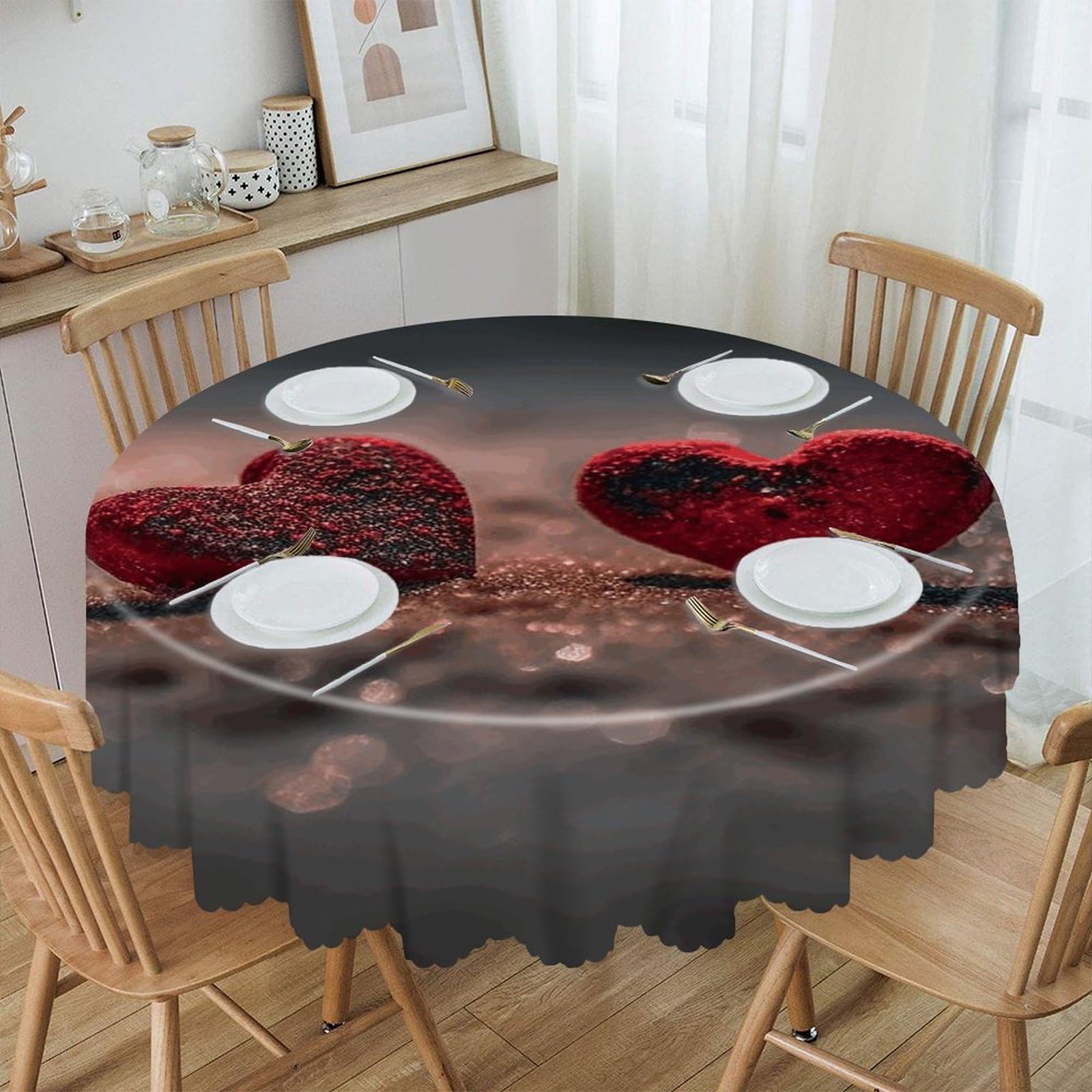 JTREHY - Two Shapes Hearts Round Tablecloth 60 Inch Water Resistant Spill Proof Wipeable Washable Polyester Tablecloth for Buffet Tables Holiday Parties