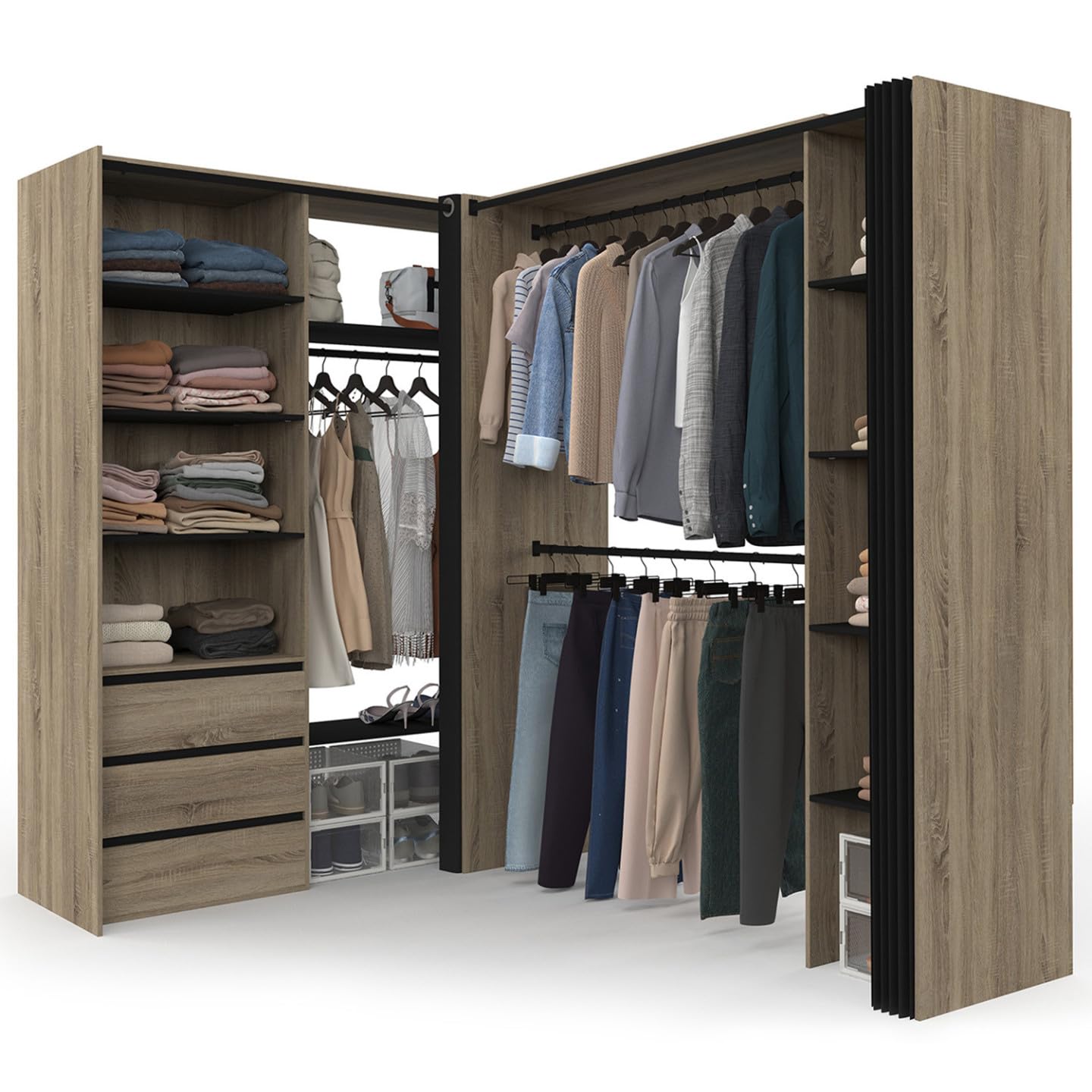 IDMarket - Dressing extensible d'angle MARLON 200 x 150 x 180 cm hêtre avec penderies + tiroirs + étagères + rideaux noirs