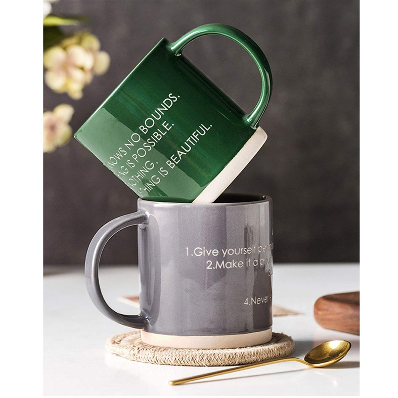 Taza de café, Taza de té, Taza de café con asa, Conveniente para Viajar, Taza de cerámica Gris Verde de 350 ml (B)