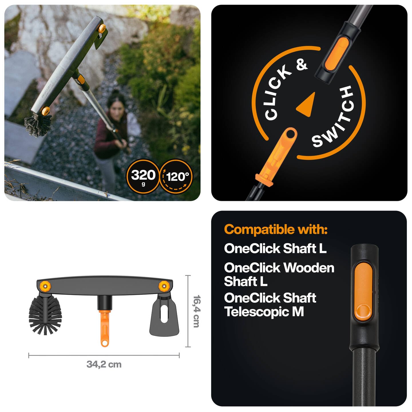 Fiskars Oneclick Pulitore per Grondaie, Accessorio con Raschietto e Spazzola, Cambio Un Clic, Angolo Regolabile, Nero/Arancione