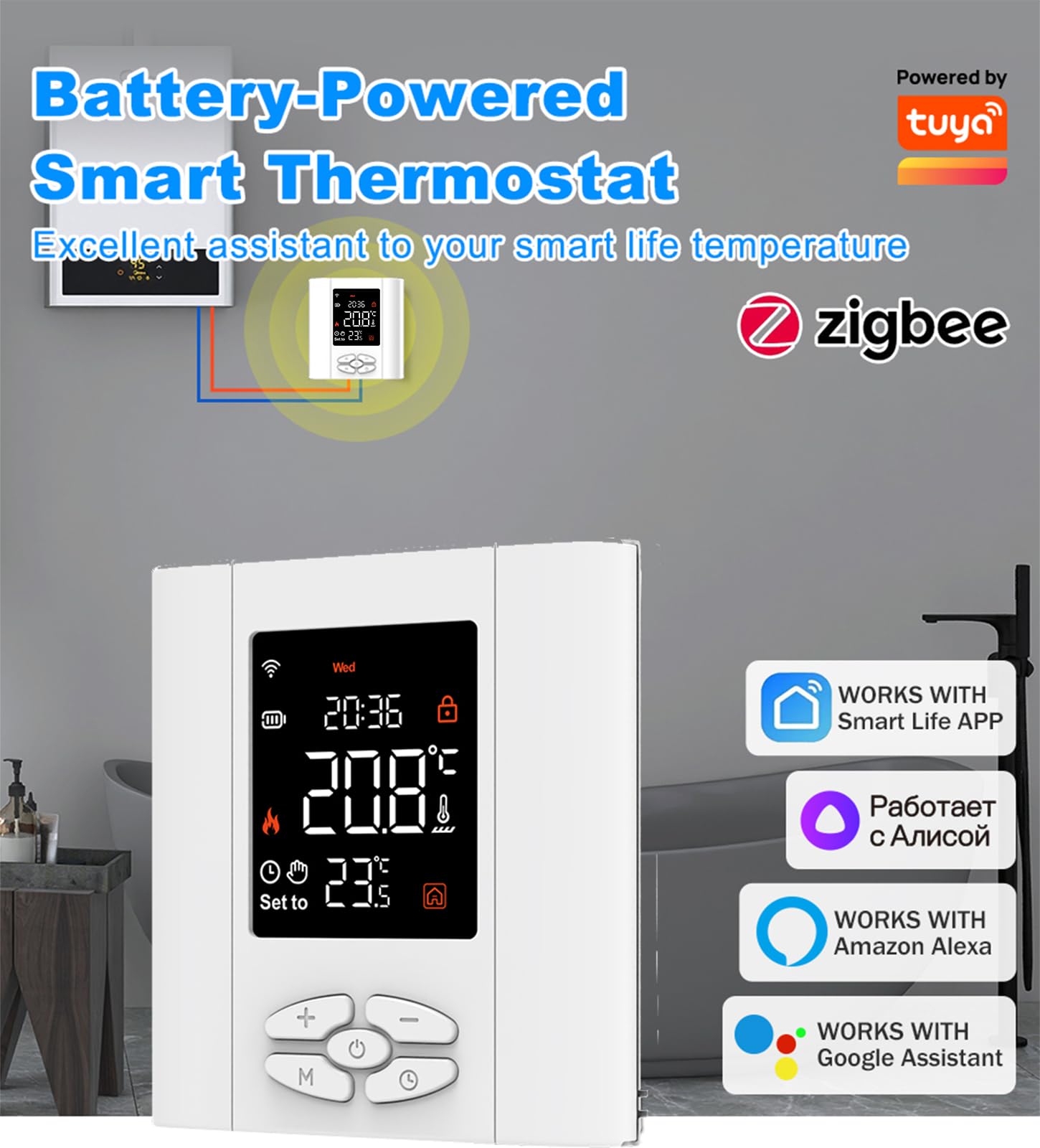 Zigbee Thermostat pour chaudière à gaz/eau individuelle Fonctionne avec Alexa Google Home Contact sec alimenté par batterie