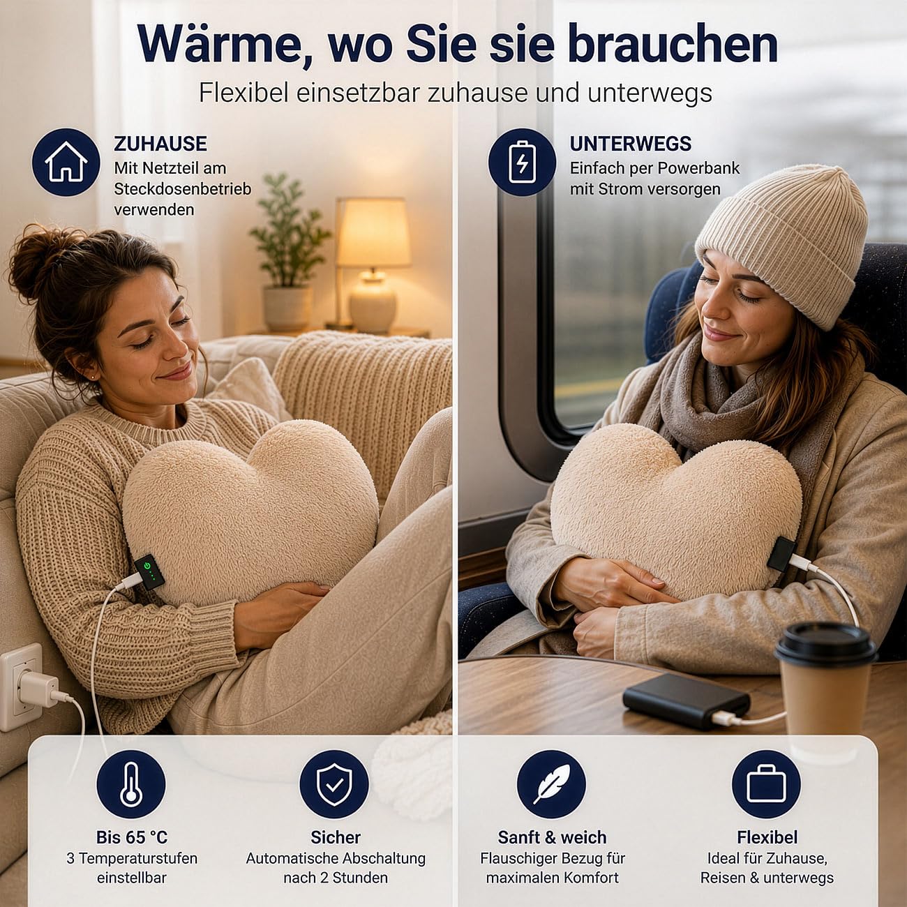 Wärmflasche mit USB: Elektrische Wärmflasche, Powerbank, 3 Stufen, Bezug, 40x30x12 cm, Herz (mit Abschaltautomatik, Elektrische Herzform)