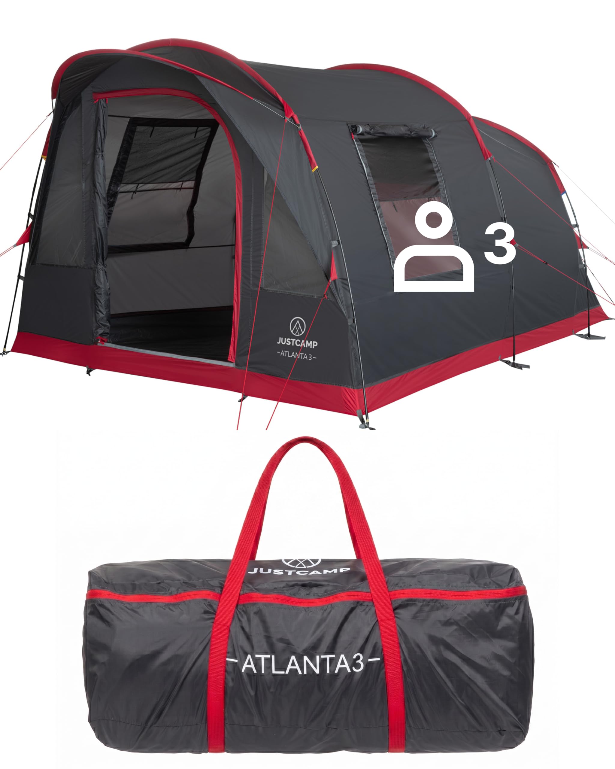 JUSTCAMP Atlanta 3, 5 oder 7 Personen Familienzelt - Tunnelzelt mit Stehhöhe inkl. Vordach & Boden, Eingang mit Fliegengitter - Campingzelt groß, geräumig, wasserdicht - Ideal für Campen & Festival