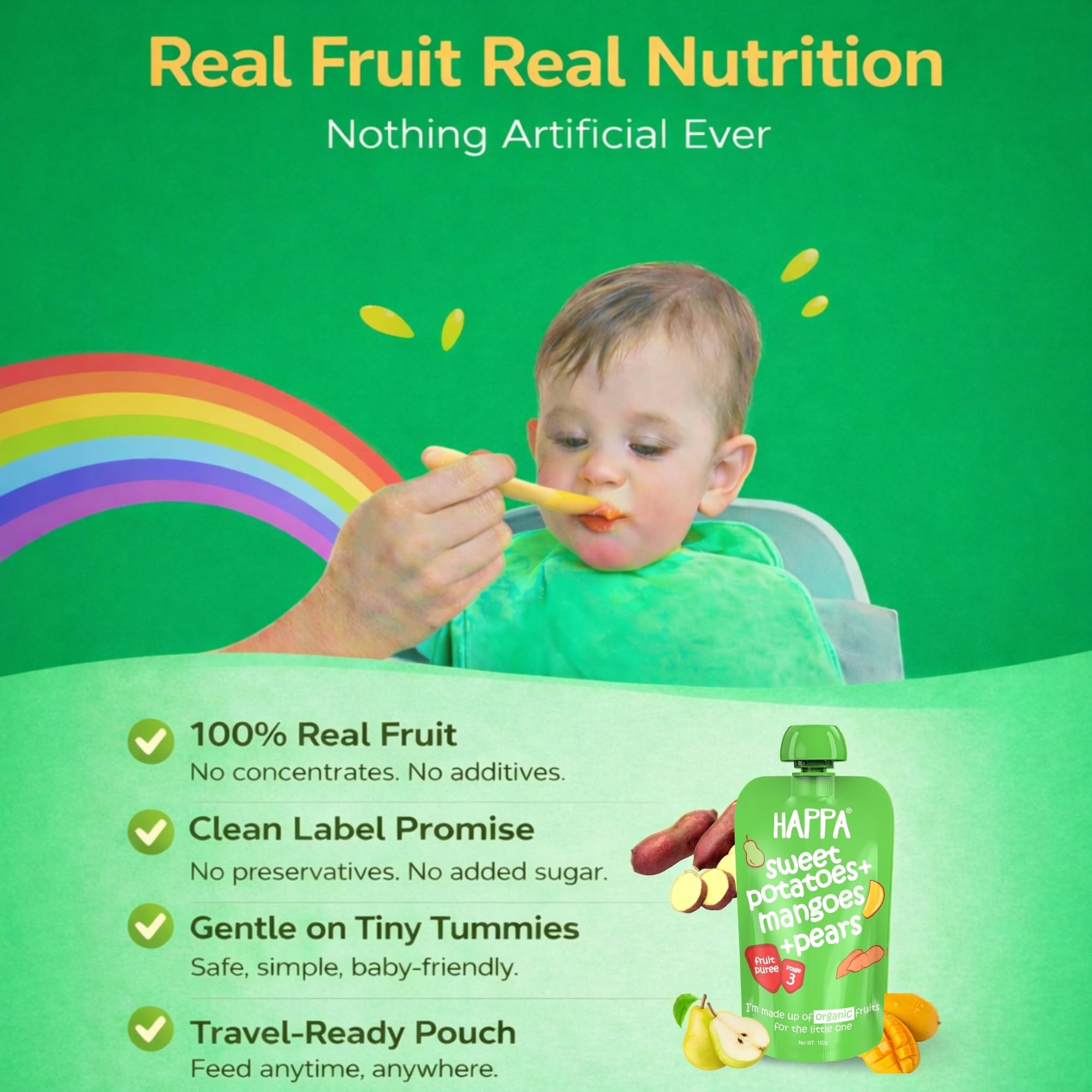 Happa Organic Baby Food Sweet Potato Mango and Pear Puree | 100% Fruits and Vegetables | No Added Sugar, No Milk Powder, No Preservatives | Stage 3 (8 Months+) | Ready to Eat | Free from Common Allergens | Pack of 1 (100g Each) 3