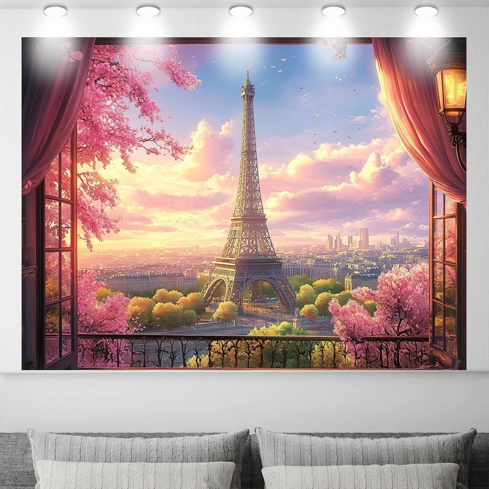 10 x 8 ft Eiffel Tower Background Polyester Spring French Paris City Landscape Backdrop, Pink Cherry Blossom Banner Aerial Balcony Scene Tea Party Photo Shoot Props