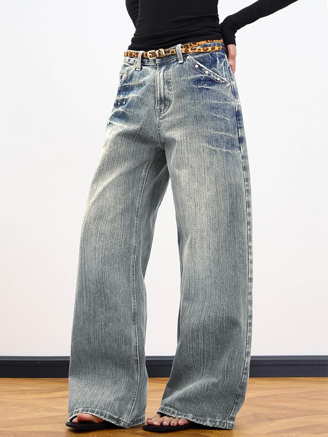 EMMIOL 2026 Women’s Mid High Waisted Wide Leg Jeans Rivet Y2K Baggy Jeans Trendy Loose Straight Denim Pants with Pockets - Image 3