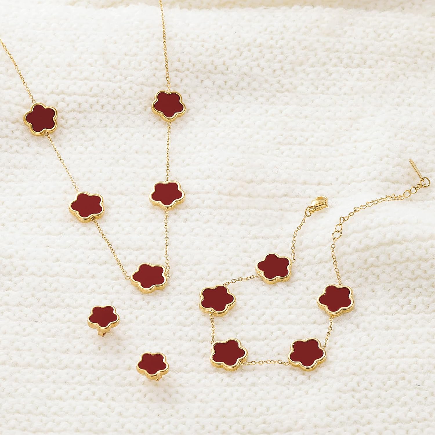 Four Leaf Clover Necklace Bracelet and Stud Earrings Set for Women Lucky Flower 14K Gold Jewelry - Image 7