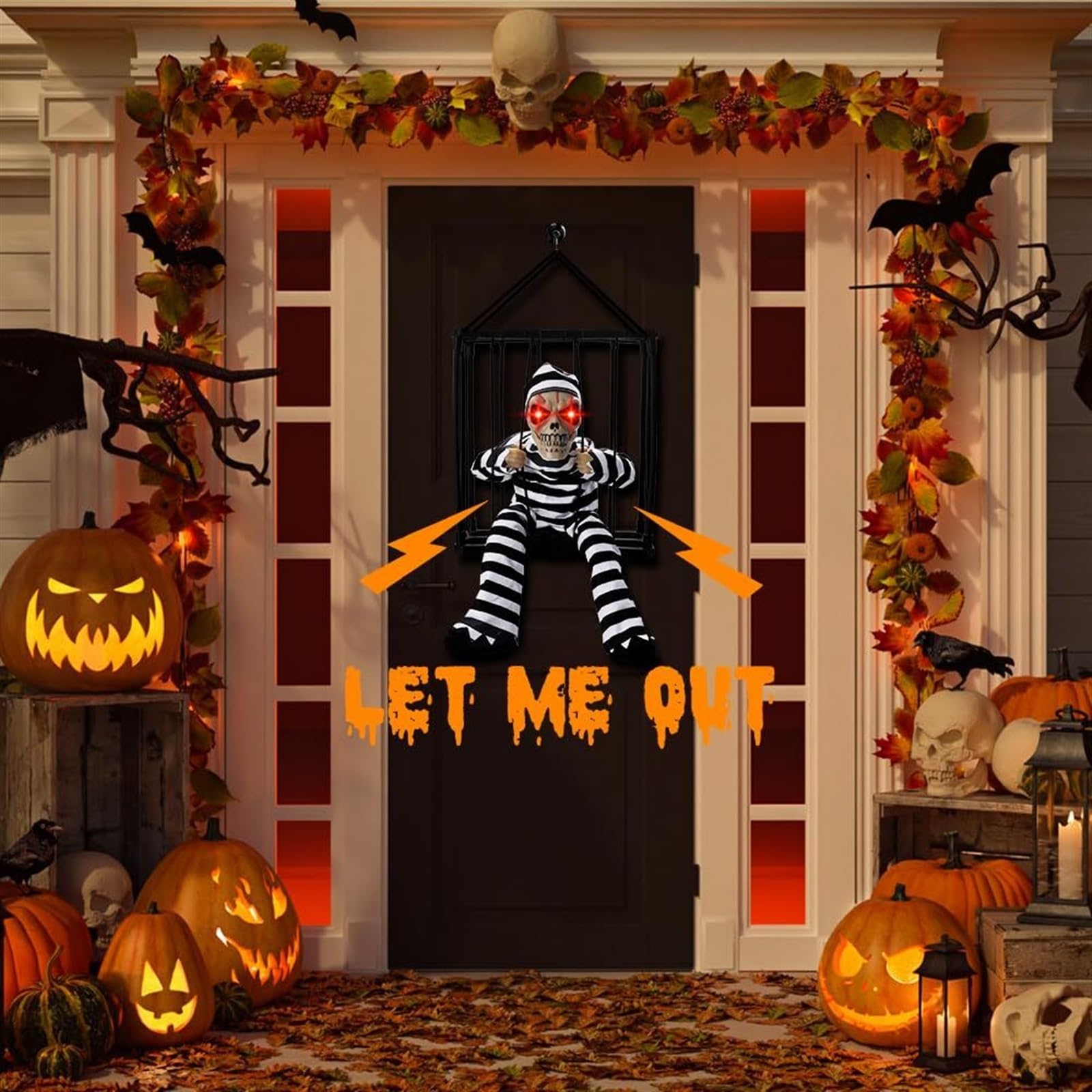 Krzyczące Animowane Wiszące Dekoracje Na Halloween Na Zewnątrz W Pomieszczeniu Straszny Szkielet Klatka Więzień Wiszący Rekwizyt Ze Strasznym Dźwiękiem Czujnik Dotykowy Podświetlane Oczy Wystrój