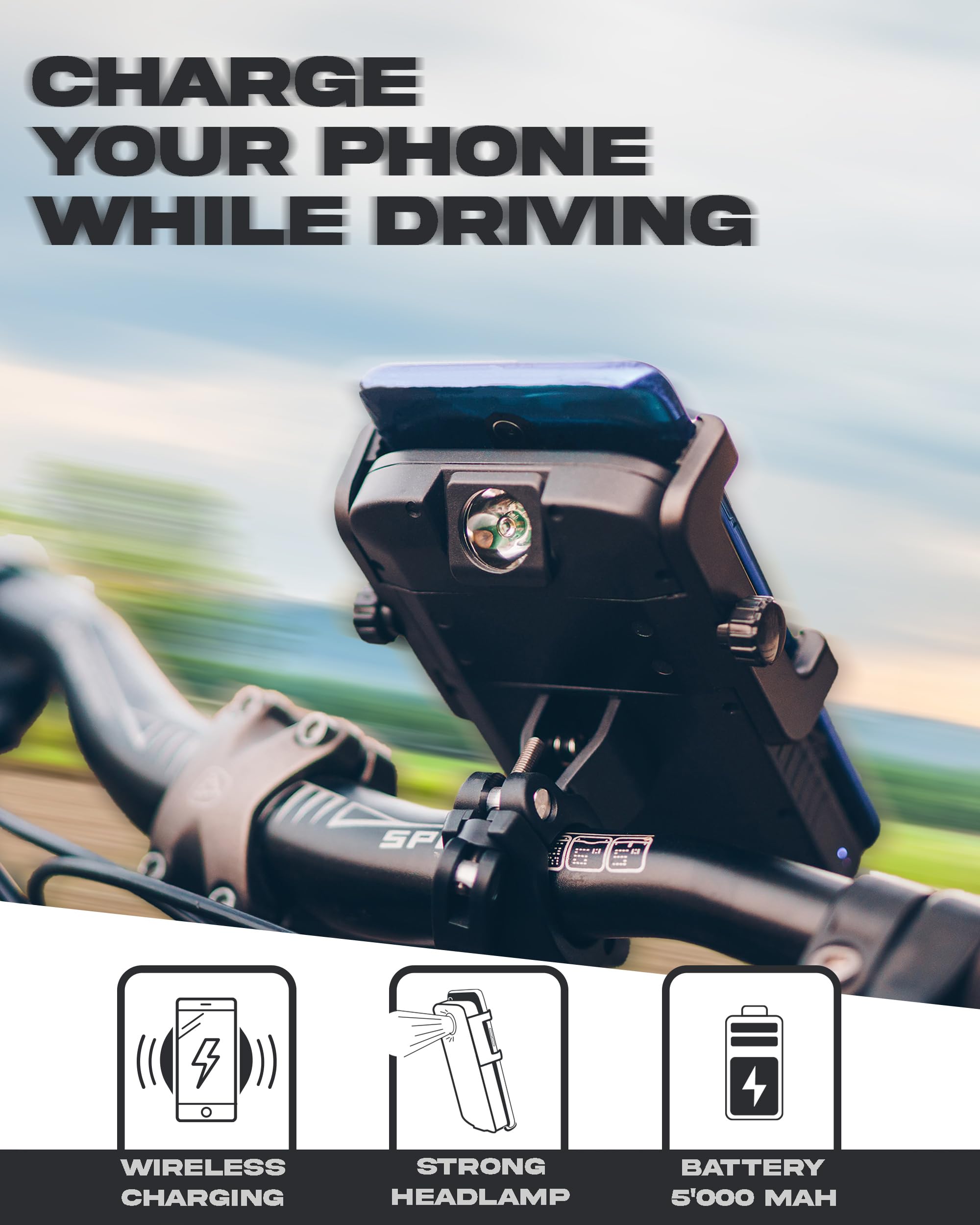 Sunslice Uchwyt rowerowy na telefon komórkowy z wbudowanym powerbankiem bezprzewodowym i lampką rowerową do smartfona, z funkcją bezprzewodowego ładowania