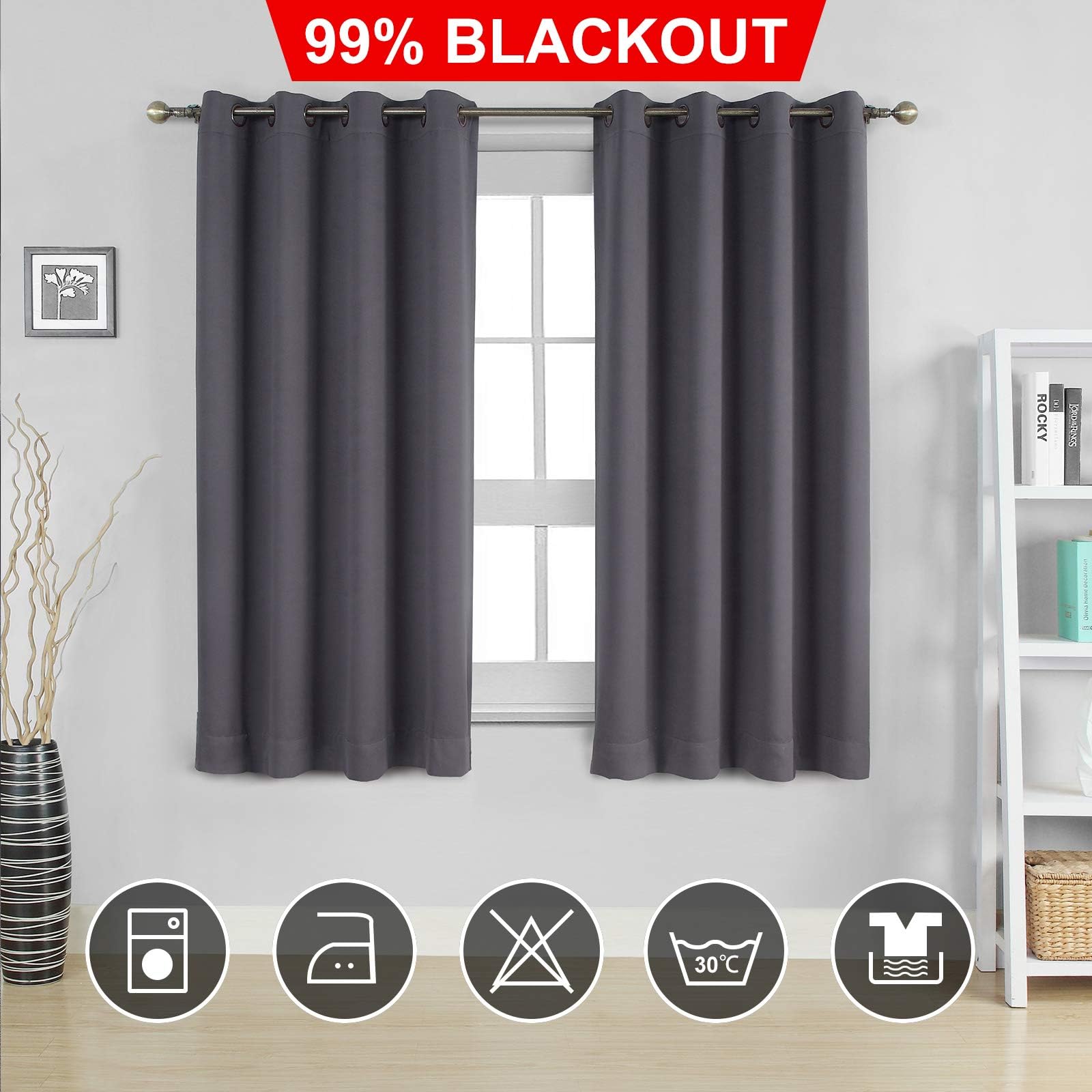 Moonen 99% Blackout Curtain for Bedroom Thermal Insulated Noise Proof Microfiber Heavy Silky Textured Darkening Grommet Top Drapes (2 Panels Set, Grey, 52x63 Inches)