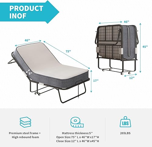 Miniatura 3 de BALUS Cama plegable con colchón para adultos, cama plegable de 75 pulgadas de largo x 38 pulgadas de ancho con colchón de espuma viscoelástica de 5