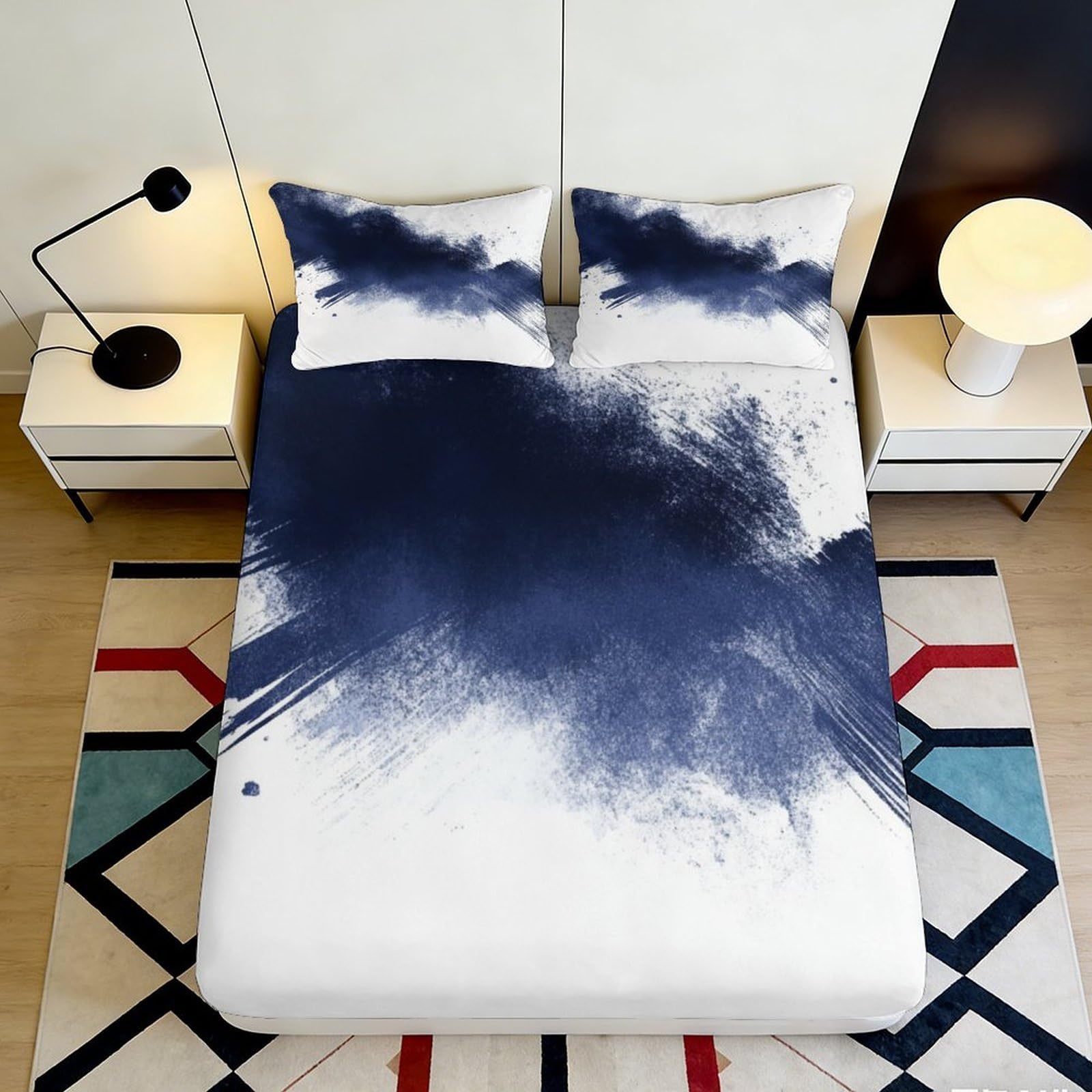 3D Printed Ink Splash Fitted Sheet Microfiber Navy Blue Abstract Cloud Mattress Cover for Bedroom Guest Room Decor 90x200x25cm