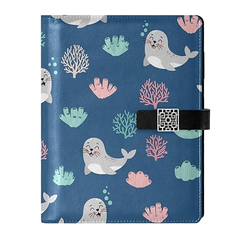 FFYHO PU Leather 6 Ring Binder,Cute Seals Coral Sea Life Refillable Loose Leaf Notebook Organizer with Card Pockets & Pen Loop, A5 Size for Business & Travel