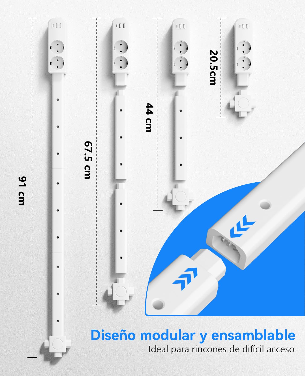 Regletas Enchufes 2 Tomas, 2 Puertos USB-A y 1 USB-C, Regleta Múltiple con 3 Extensión, Apta para Enchufes de Difícil Acceso Detrás del Sofá, Mesita de Noche, Escritorio — view 2
