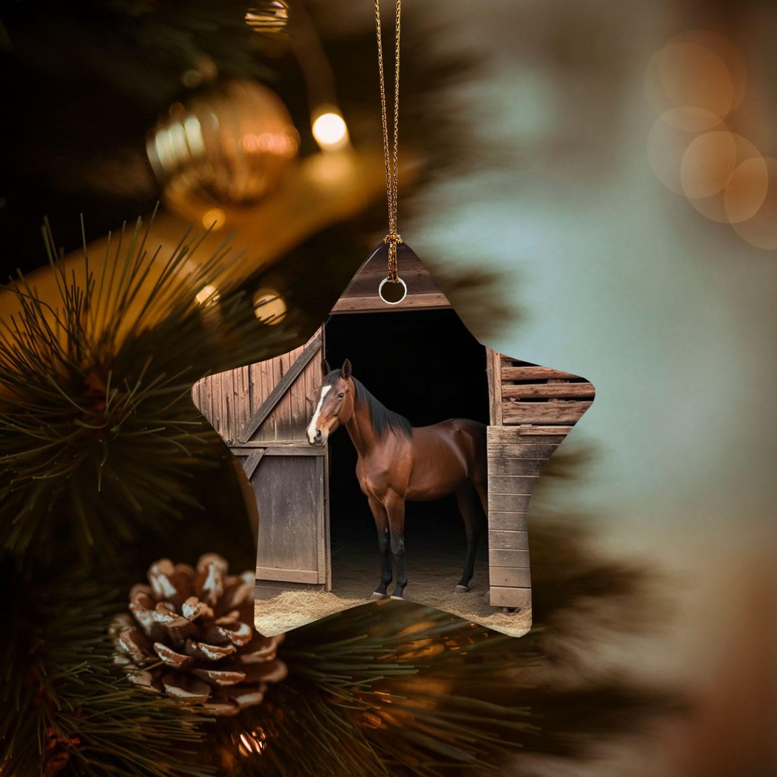 Christmas Ornaments for Christmas Tree Decoration Hanging Barn Horse Ornament with Gold Ribbon Crafts Star Shape Ceramic Pendant for Keepsake Gifts Xmas Decor Party Supplies