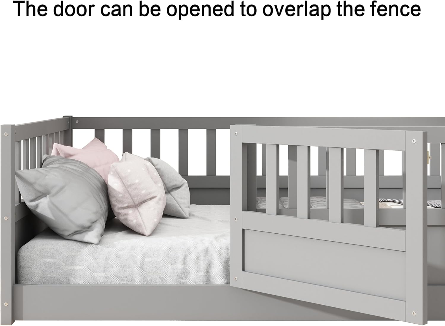 Full Size Montessori Floor Bed with High Fence, Door and Slats, Wood Kids Bed Full Size, Floor-Bed-Frame for Bedroom, Toddlers, Boys Girls, Kids Playroom (Grey, Full)