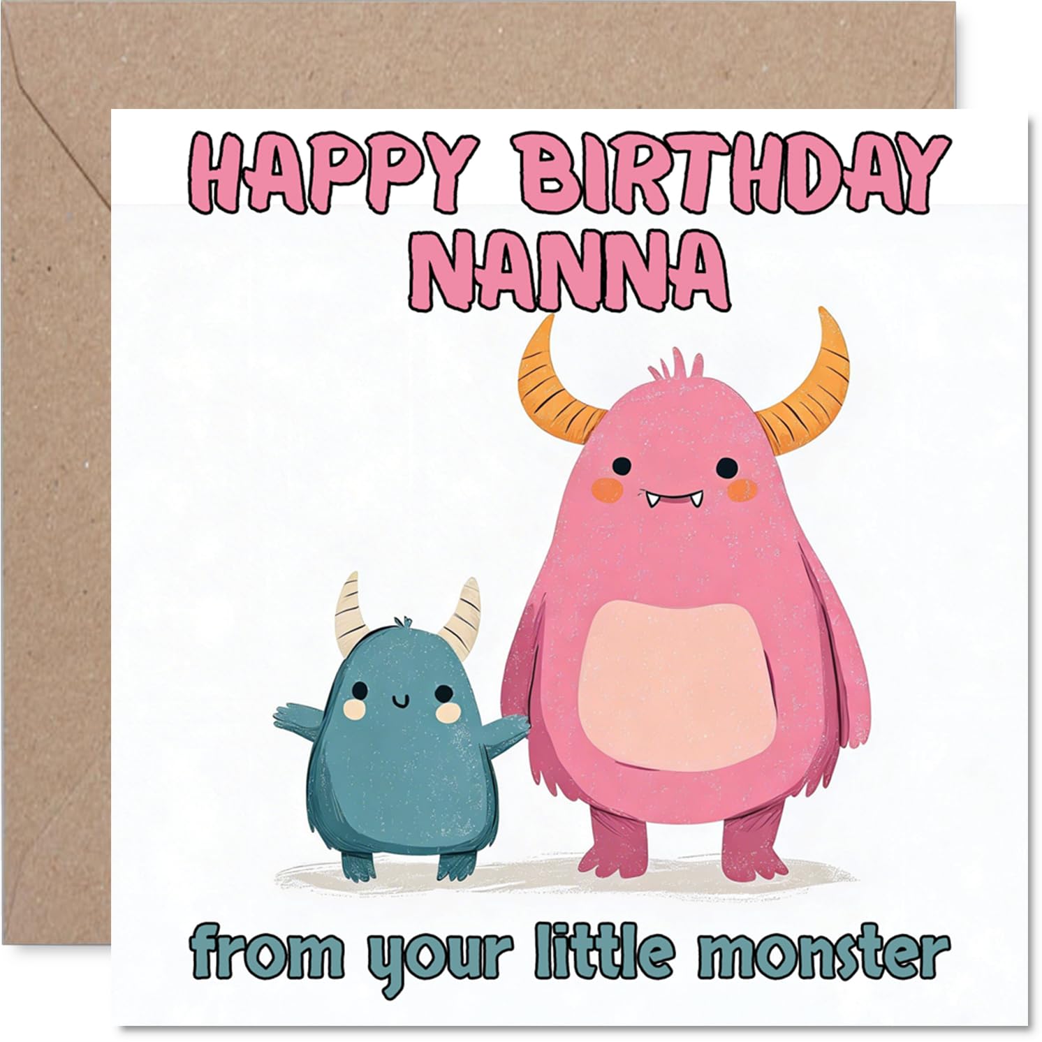 Playful Birthday Card for Nanna - from Your Little Monster - Adorable Cartoon Monsters in Pink and Blue - 145mm Square, Envelope Included