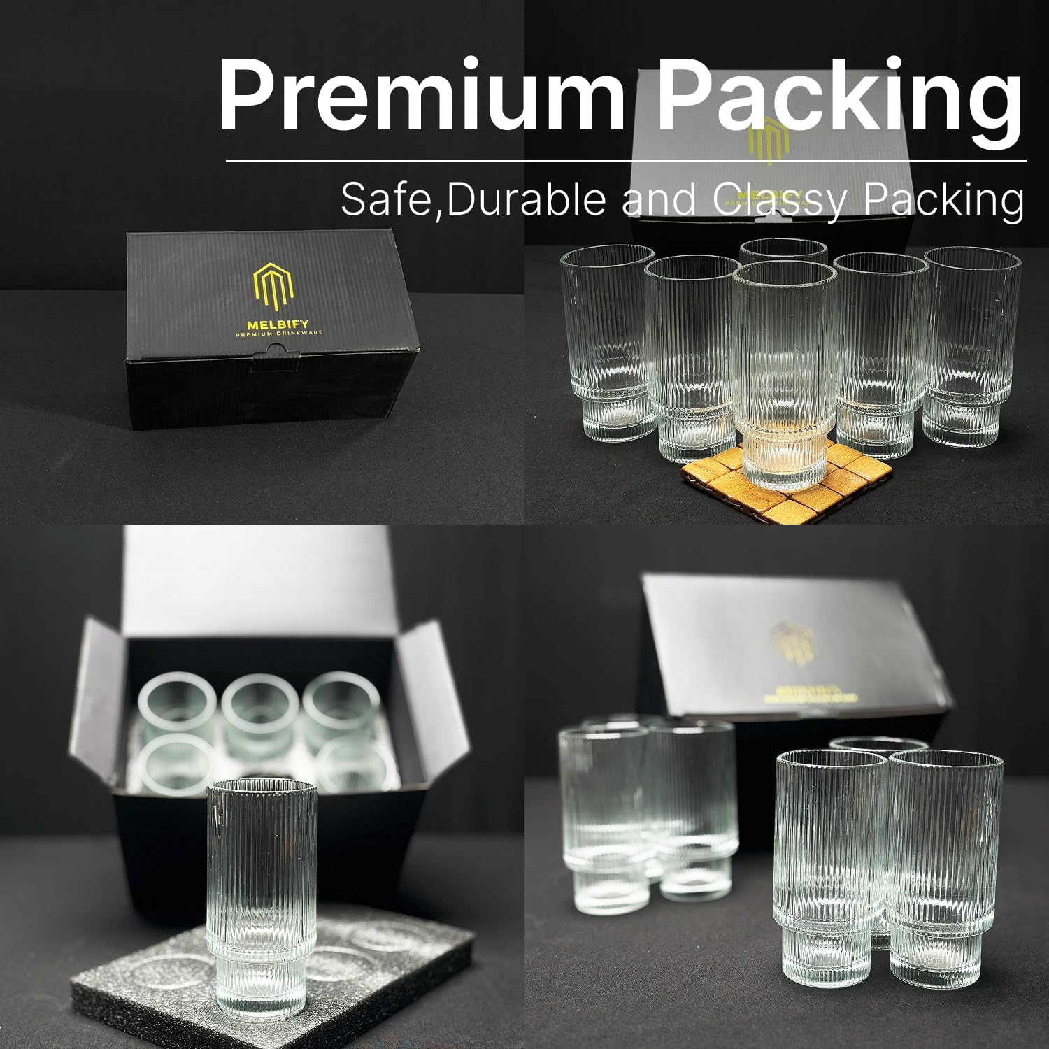 Melbify Ribbed Mocktail Glasses | Set of 6 | 350 ml | Highball Cocktails Glasses | Tall Glasses for Cocktails | Long Island Cocktail Glasses | Unique LIIT Juice Glasses, Transparent 4