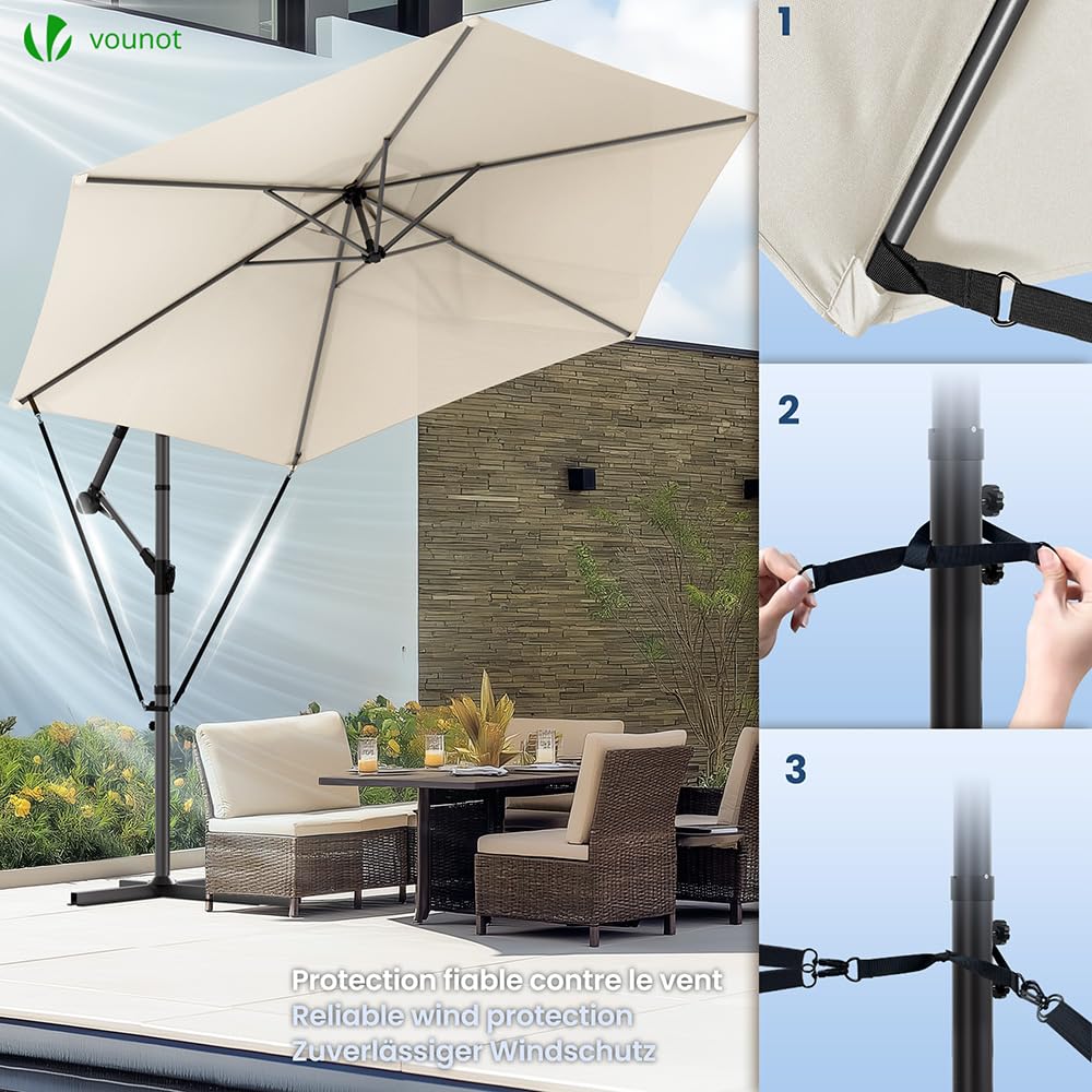 VOUNOT® 300 cm Parasol Excentrico, Sombrilla de Jardín con Manivela, Funda Protectora y Correa de Fijación, Protección UV, Beige