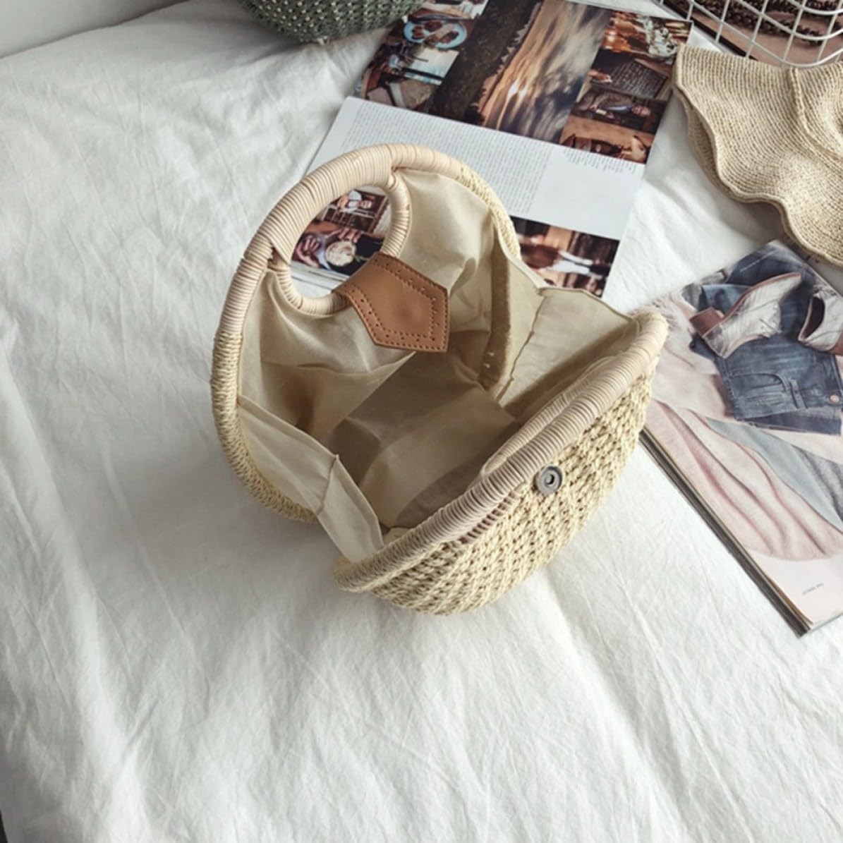 Vaguelly Bolso de Paja para Mujer Ligero Diseño Mano Estilo Beige para Playa y Uso Diario