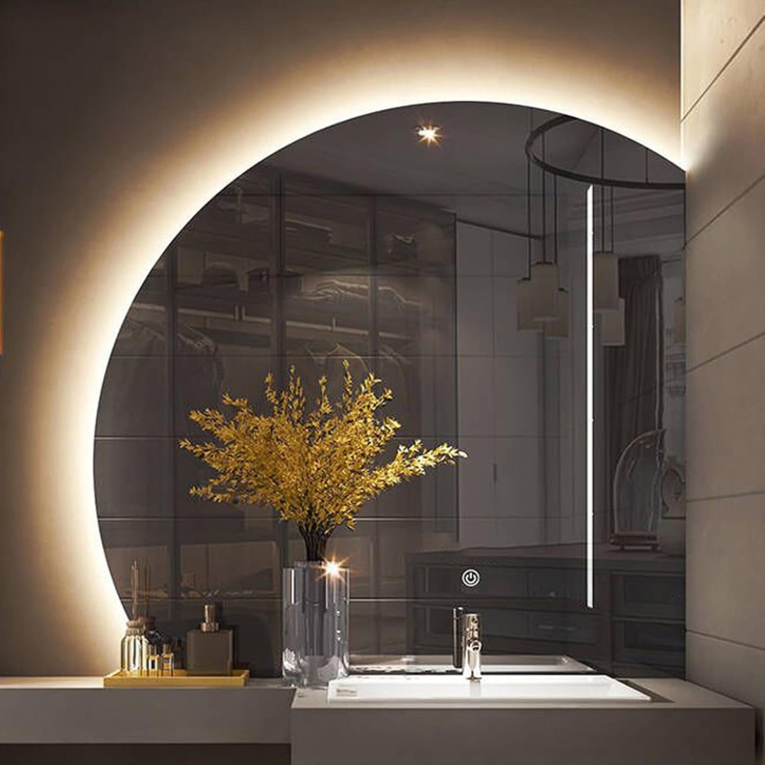 1/4 Round Bathroom Smart Wall Mirror, Half Moon LED Mirror, Backlit Semi-Circle Frameless Entrance Mirror, Anti-Fog & Dimmable(Right Under Cut,90cm)