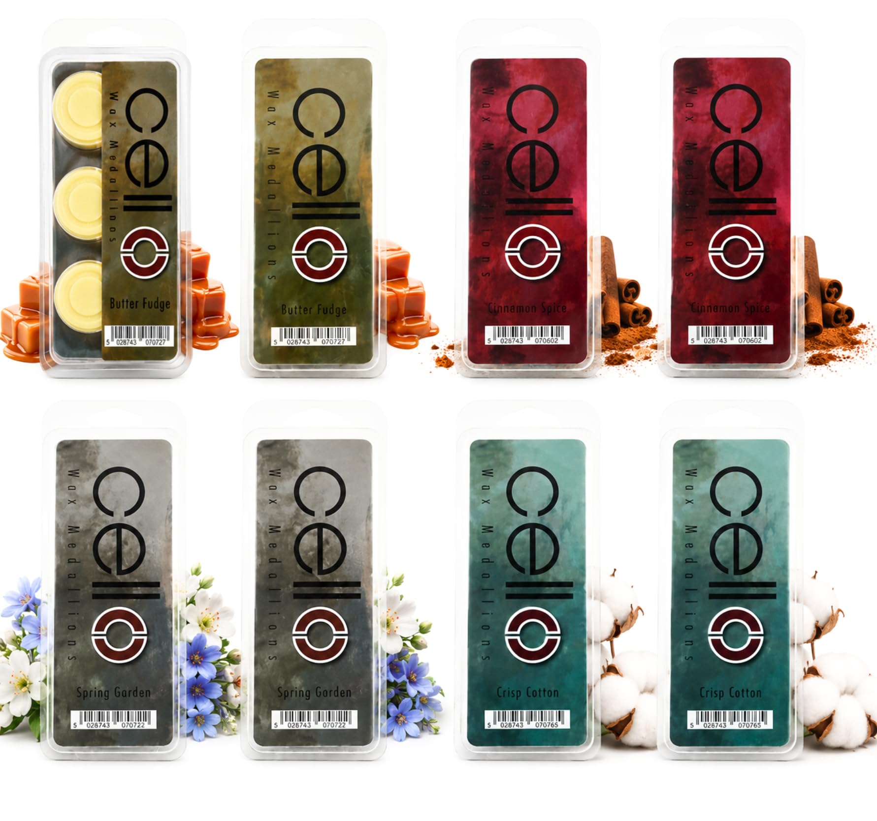 Cello Wax Melts Multi-Fragrance Pack - 8 Packs x 3 Medallions Butter Fudge, Cinnamon Spice, Crisp Cotton & Spring Garden Long-Lasting Home Scented Wax