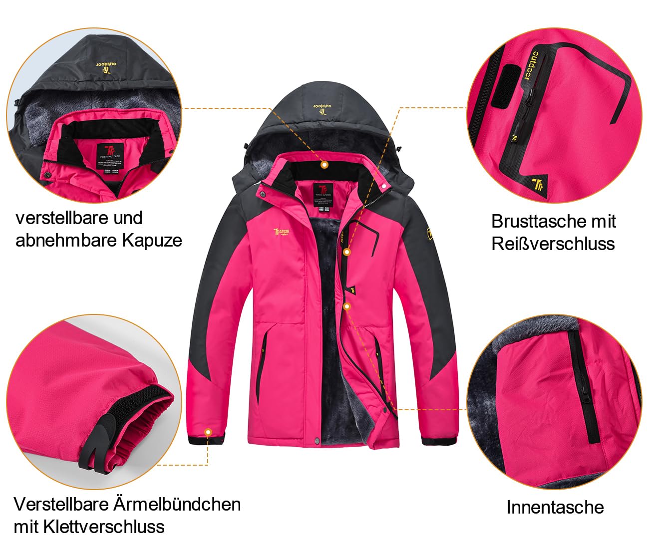 YSENTO Damen Winterjacke Wasserdicht Skijacke Outdoor Softshelljacke Warm Fleecejacke Funktionsjacke mit Abnehmbarer Kapuze