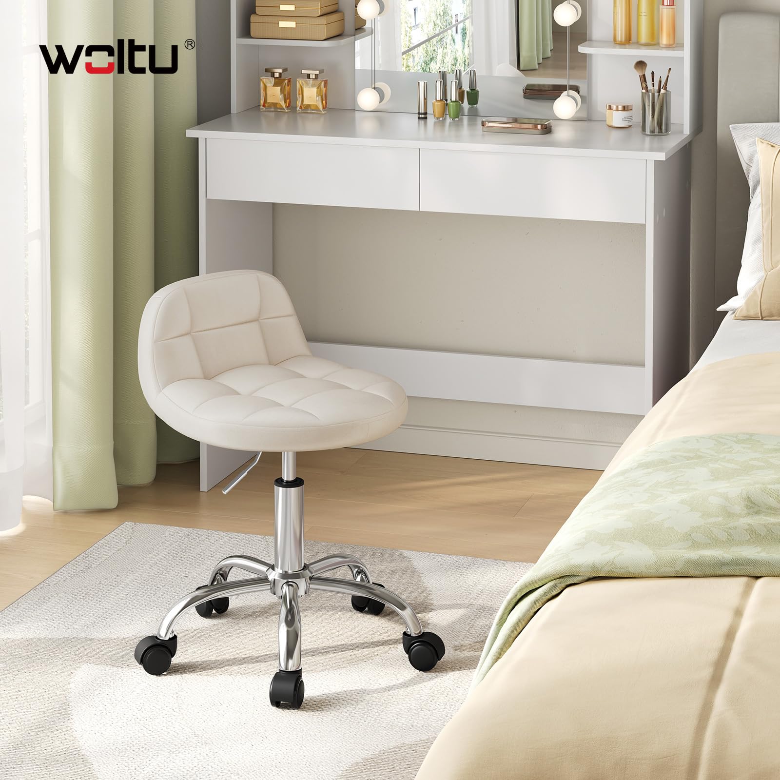 WOLTU Sgabello con Ruote, Sedia da Trucco, Altezza Regolabile per Estetista Parrucchiere, Tattoo Studio e Salone, Velluto, Crema