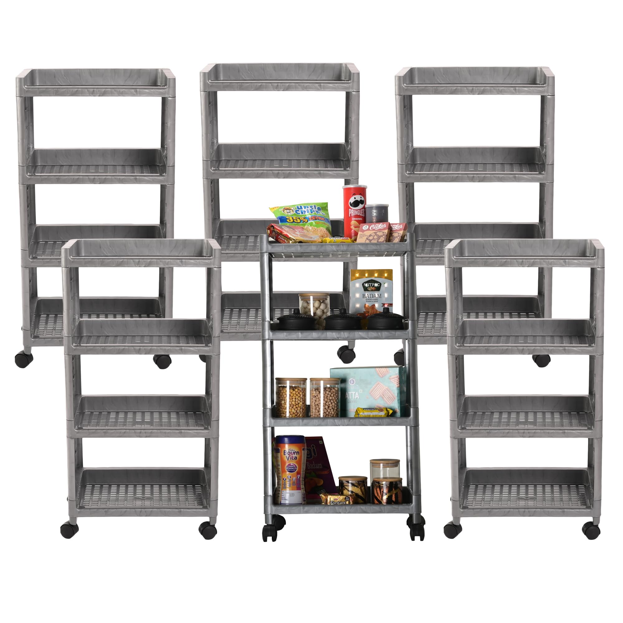 Kuber Industries Pack of 6 Storage Rack with Wheels | 4-Layer Storage Organizer Rack | Multipurpose Storage Rack for Home & office | Kitchen Cabinet Spice Rack | Vegetable Storage Trolley | Grey (B0D3F2D7Y9) Amazon Price History, Amazon Price Tracker