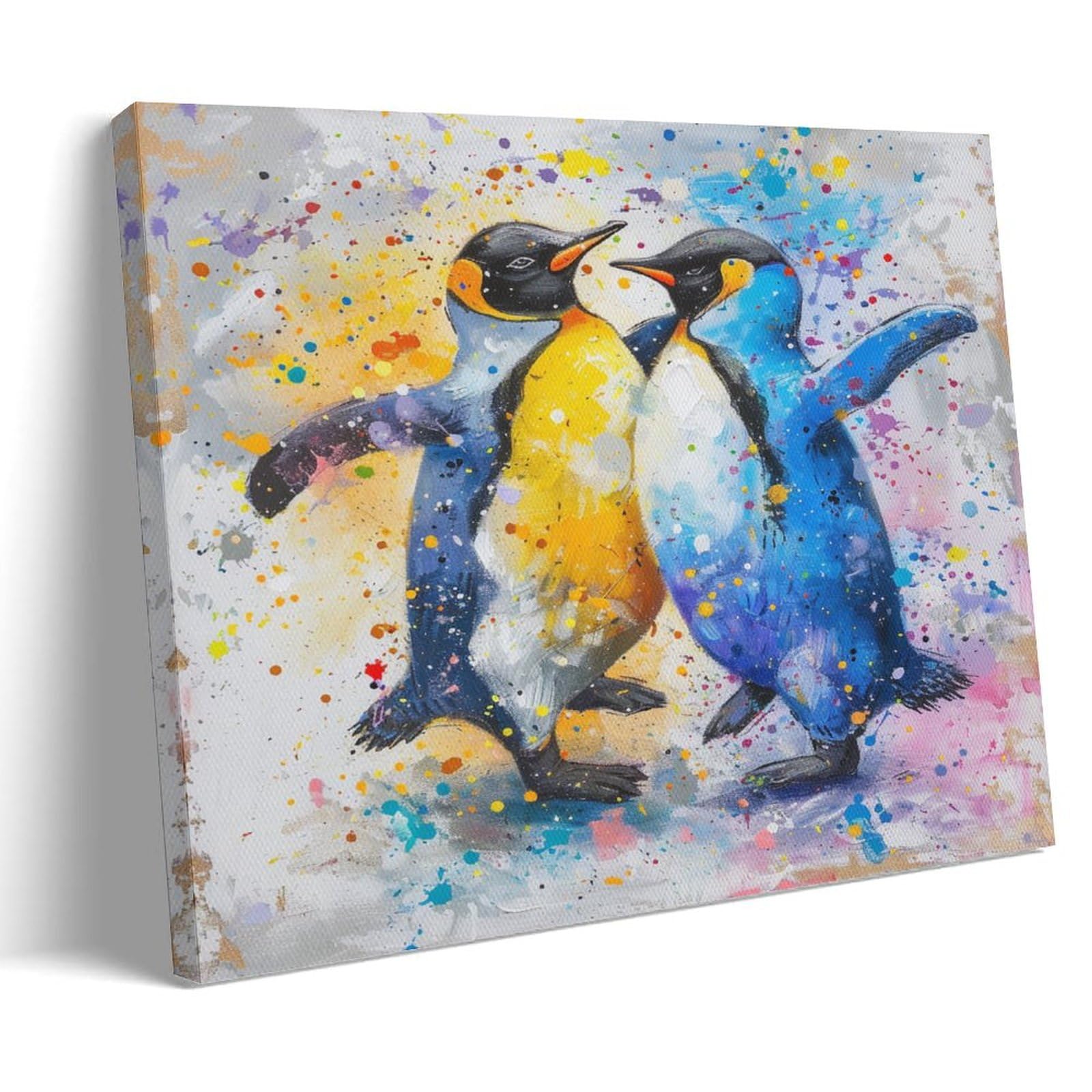Fyfmushe Colorful Penguins Canvas Wall Art Paintings Abstract Watercolor Animals Pictures On Canvas Prints Framed Ready To Hang Artwork For Bedroom Home Decor 08X12inch(20X30cm)