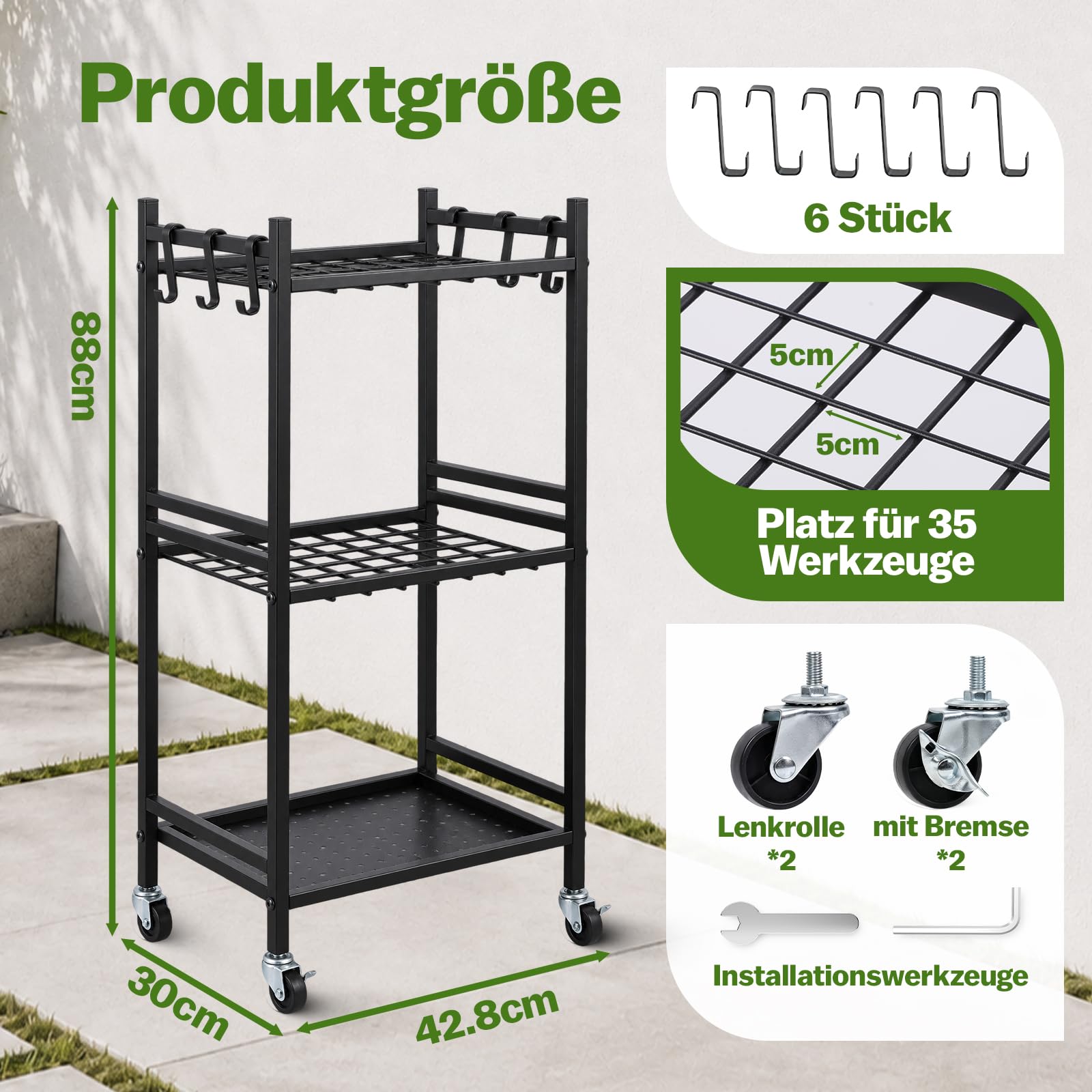 Gartenwerkzeug Organizer auf Rollen, Gartengeräte Aufbewahrung Ständer