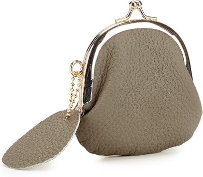 Womens Small Coin Purse, Vintage Genuine Leather Change Purse, Coin Bag with Kiss Lock, Mini Coin Purse for Women Khaki