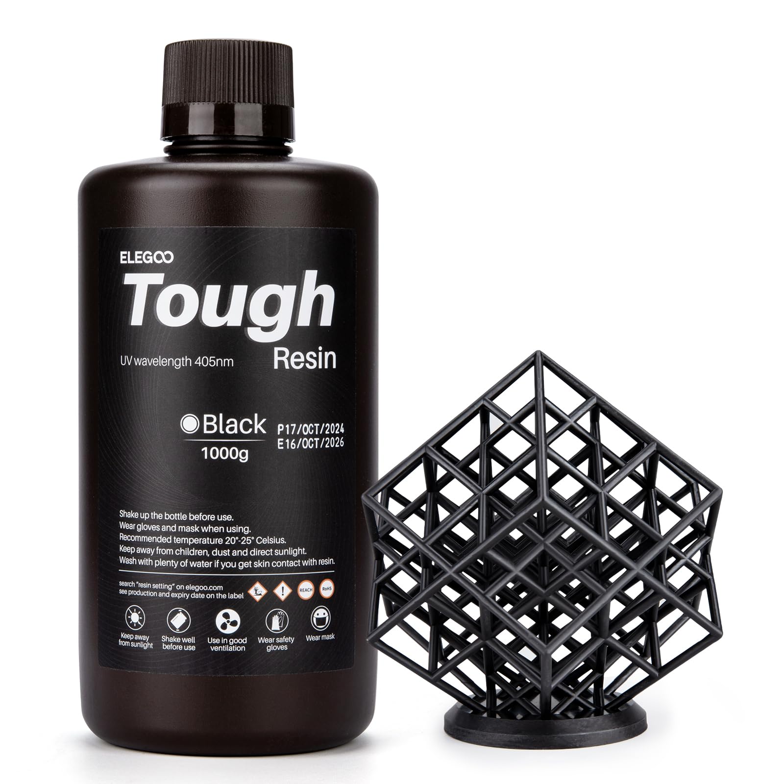 ELEGOO Tough Resin 3D Drucker Harz mit Hoher Härte und Flexibilität, Niedriger Viskosität, Geringer Schrumpfung, Kompatibel mit MSLA/LCD/DLP 3D-Druckern, Schwarz 1000g