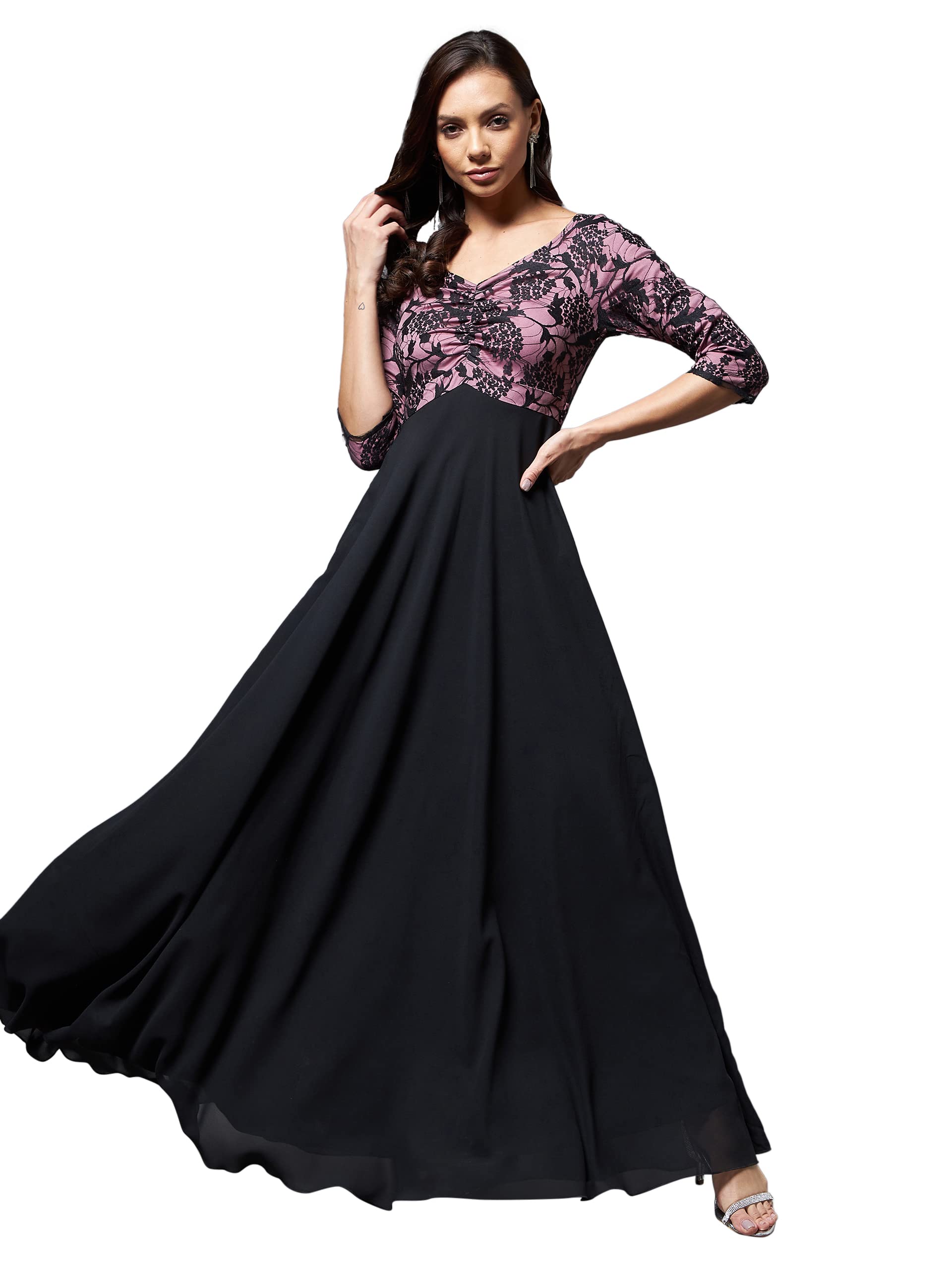 Miss Chase Women's Sweet Heart Neck 3/4 Sleeve Self Design Fit & Flare With Pockets Maxi Dress (Mcss22D13-62-245-04, Black And Lavender, M)