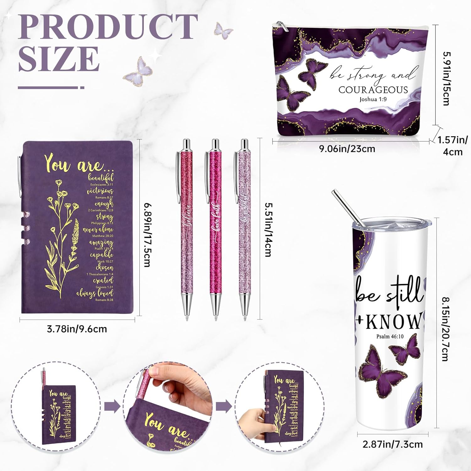 6 Pcs Christian Gift for Women Inspirational Present for Religious Marble Tumbler Makeup Bag Journal Ballpoint Pen Church Gift for Pastor Wife Friends Spiritual Mentor(Purple) - Image 3