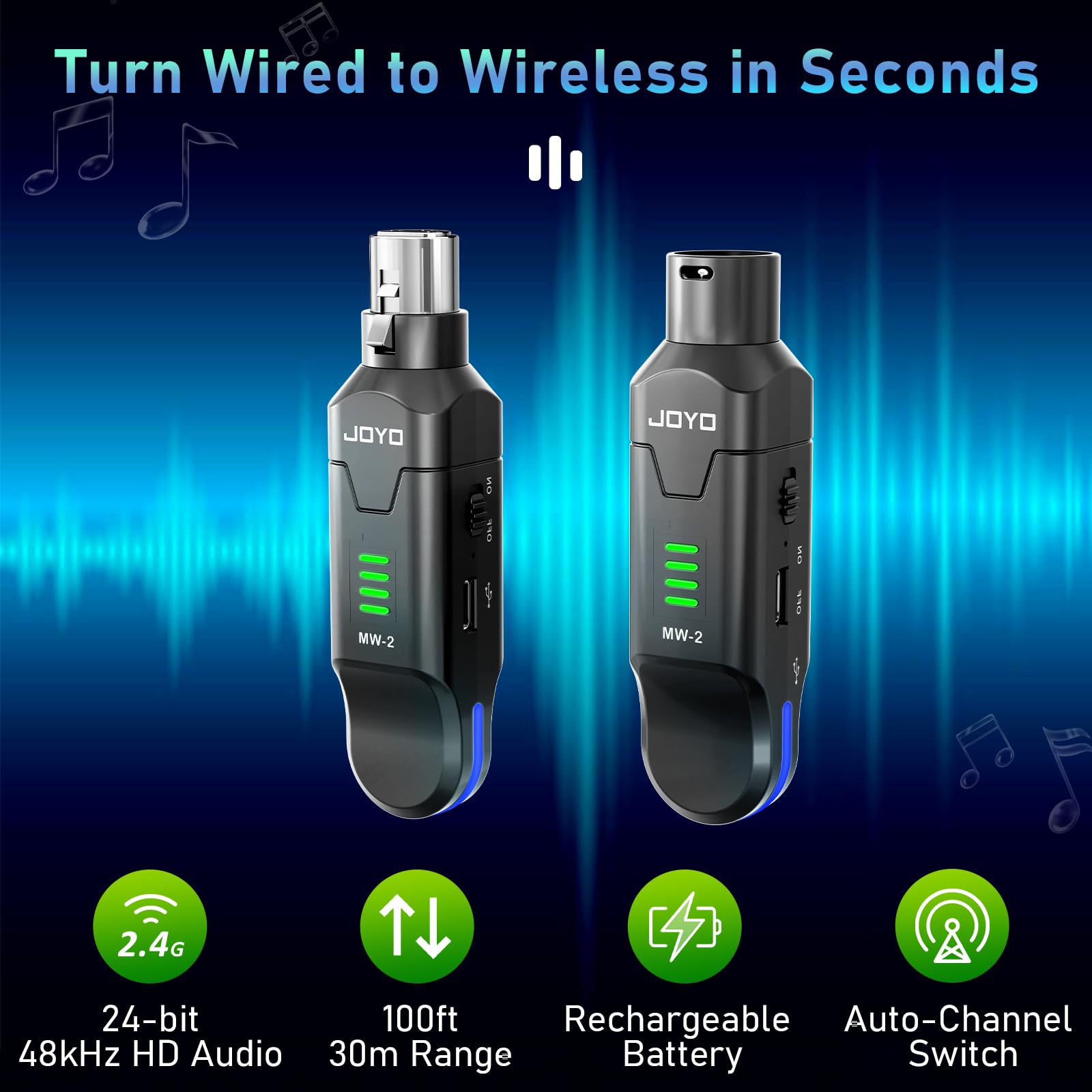 JOYO 2.4GHz Wireless Microphone System 4-Channel XLR Transmitter & Receiver Dynamic/Phantom-Powered Condenser Mics Adapter for PA Systems Live Sound - Image 2