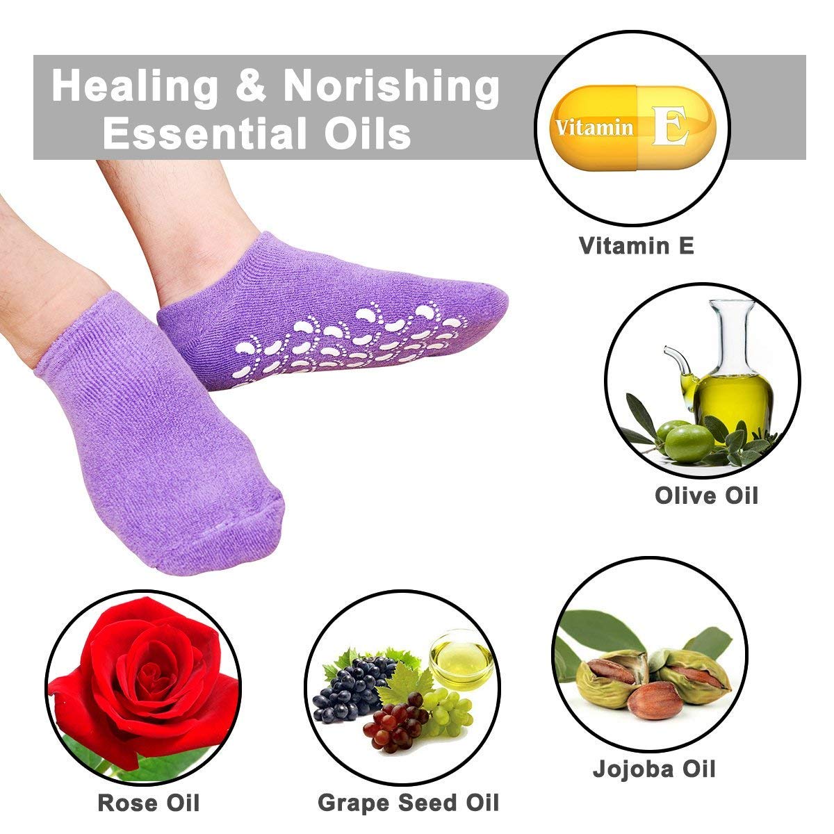 RRJ Spa Moisturizing Gel Socks for Dry Feet Ankles Cracked Heel Repair Repair Skin Care Treatment Soften Feet Booties Pedicure with Essential Oils Vitamins for Women Men(socks,purple) 3