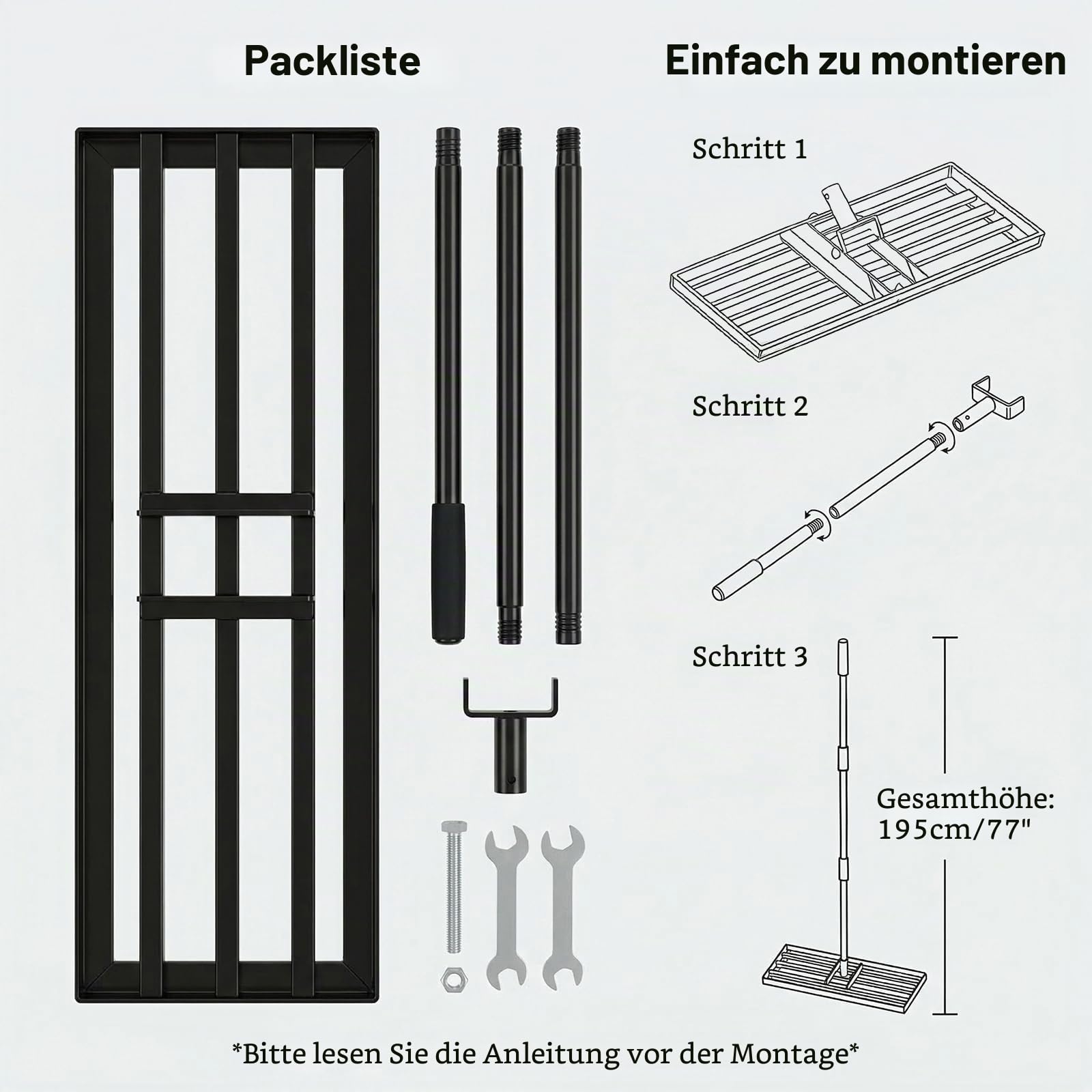 Rasen-Nivellierrechen, 76 cm x 25 cm, robuster Metall-Nivellierer mit 200 cm ergonomischem langem Griff, Gartengerät zum Glätten und Nivellieren unebener Rasenflächen