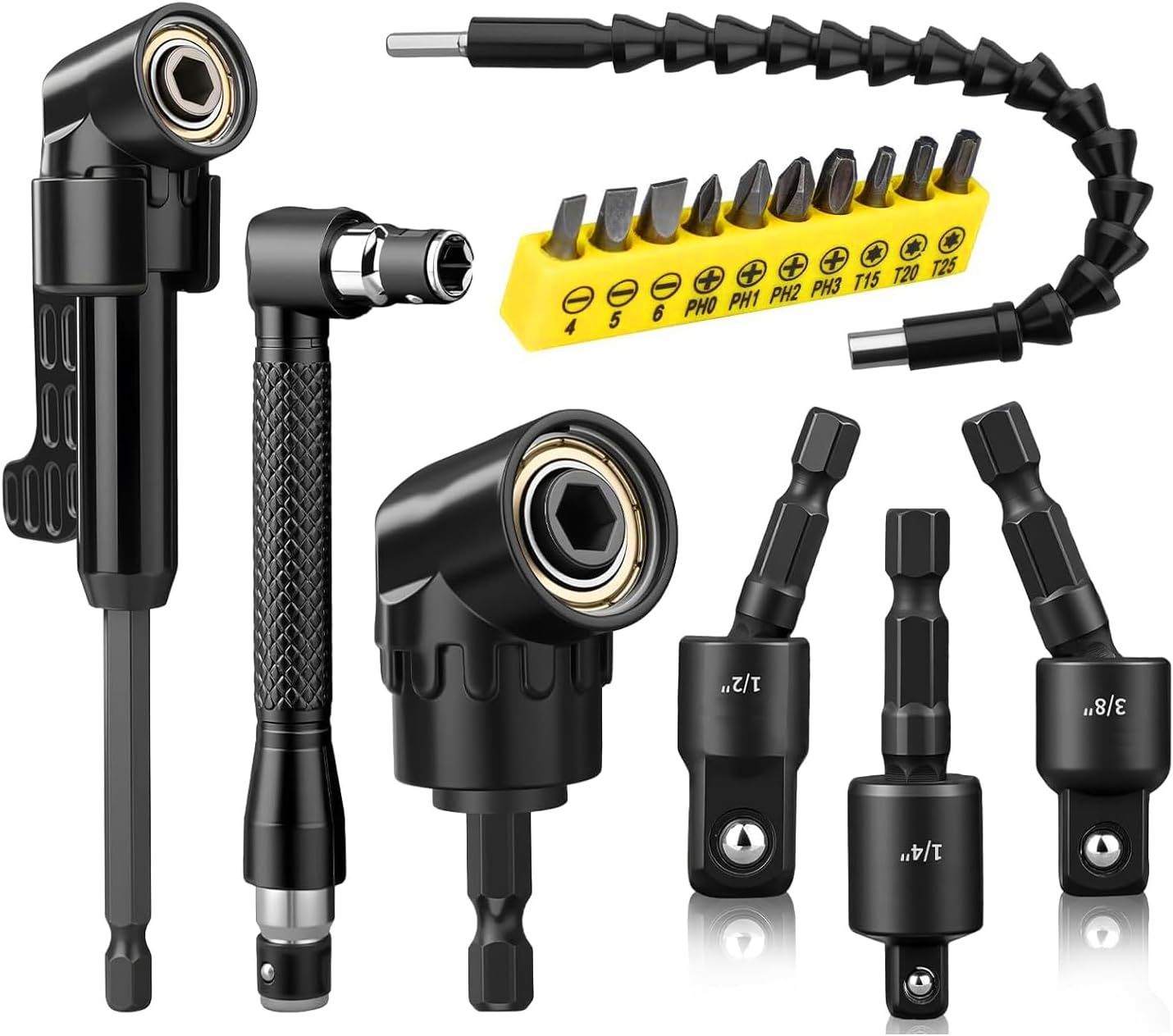 17 Pcs Flexible Drill Bit Extension Kit, Includes 2 Pcs 105° Right Angle Drill Attachment, 3 Pcs Rotatable Socket Adapter, 10 Pcs Screwdriver Bits 90° Angled Bits & Bendable Extension for Tight Spaces