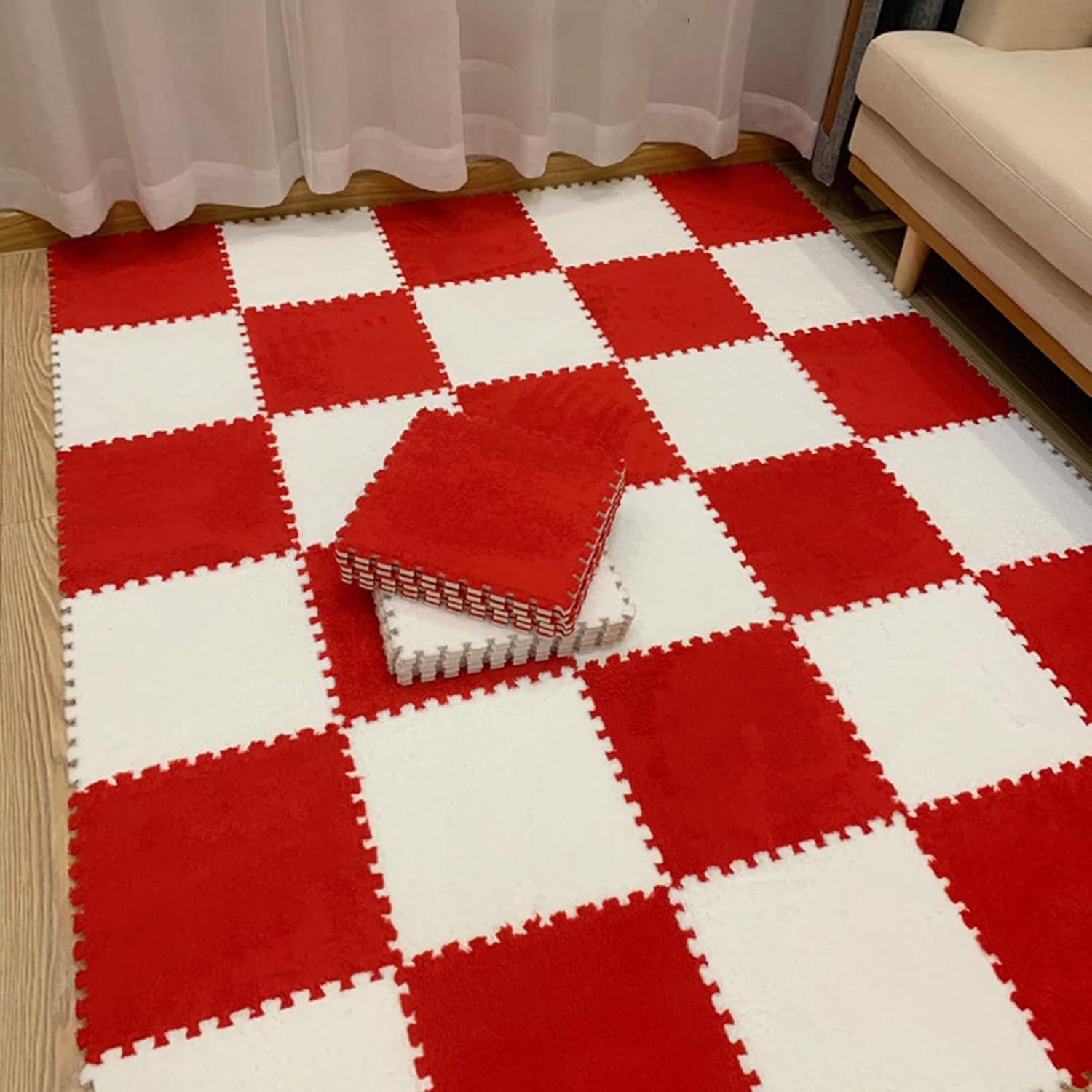 JvFbjLF Plush Foam Interlocking Floor Tiles Mats 1x1ft Foam Splicing Carpet Tiles With Edgings(Red+White,20pcs)