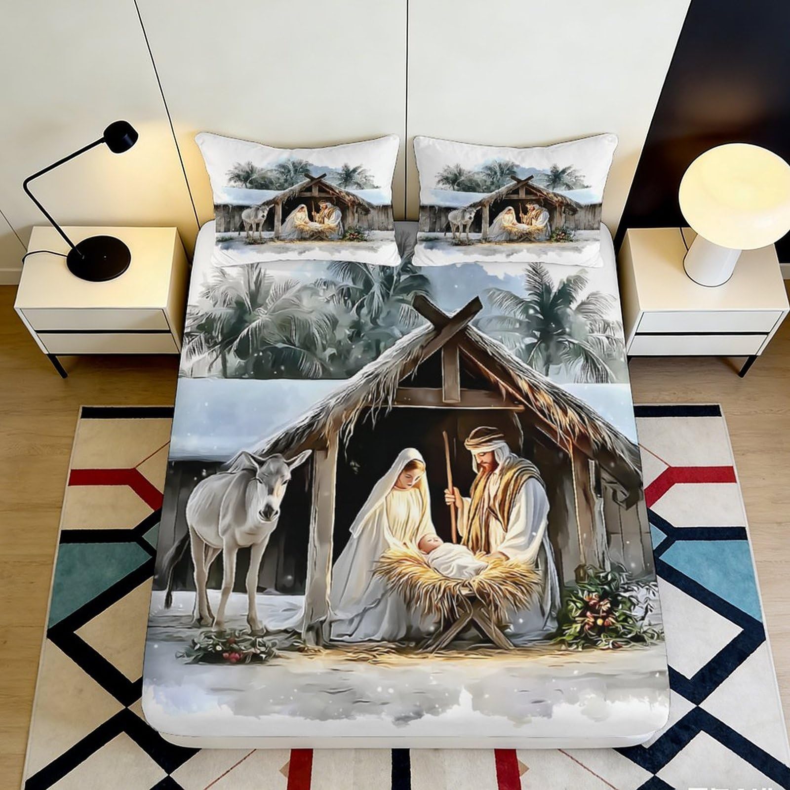Pnayamiorkfel Style-7 3D Printed Nativity Scene Fitted Sheet Microfiber Non Slip Bed Cover Christmas Stable Art For Bedroom Guest Room 90X200x25cm