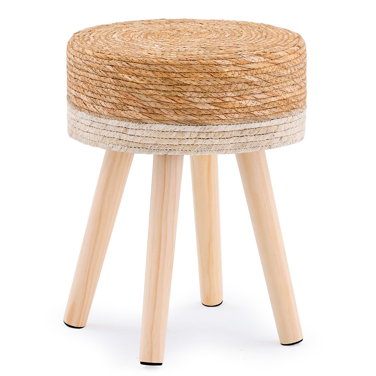 LGENHOOM Handwoven Outdoor Ottoman, Water Hyacinth Pouf Round Patio Footstool with Wood Legs, 17-Inch Multipurpose Vanity Stool, Dining Chair, Patio