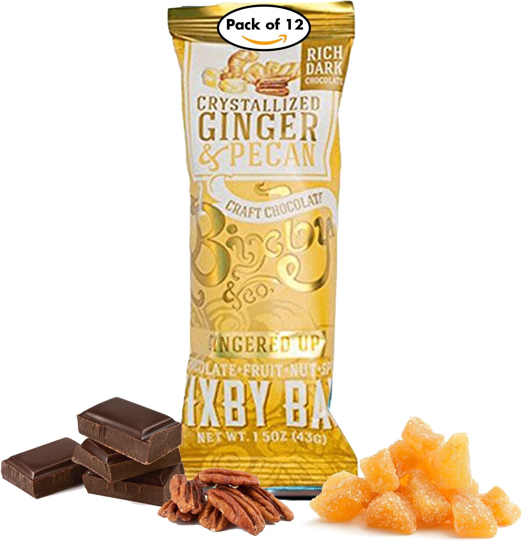 Bixby 12 Bars of Vegan Dark Chocolate - Gluten Free Ginger and Pecan Bulk Chocolate Bars - Non GMO Kosher Protein Snack with Clean Ingredients - Pack of 12 Gourmet Candy Bars, 1.5oz each